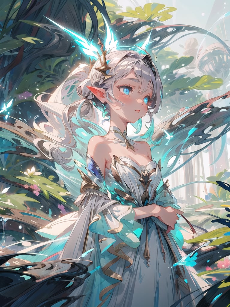 1 enchanting girl, fantasy world, cyan Luminous eyes, long silver starry hair, magical gown. Twin moons, ethereal creatures::1,2, glowing flora. Firefly aura, tranquil waterfall, close-up upper body
