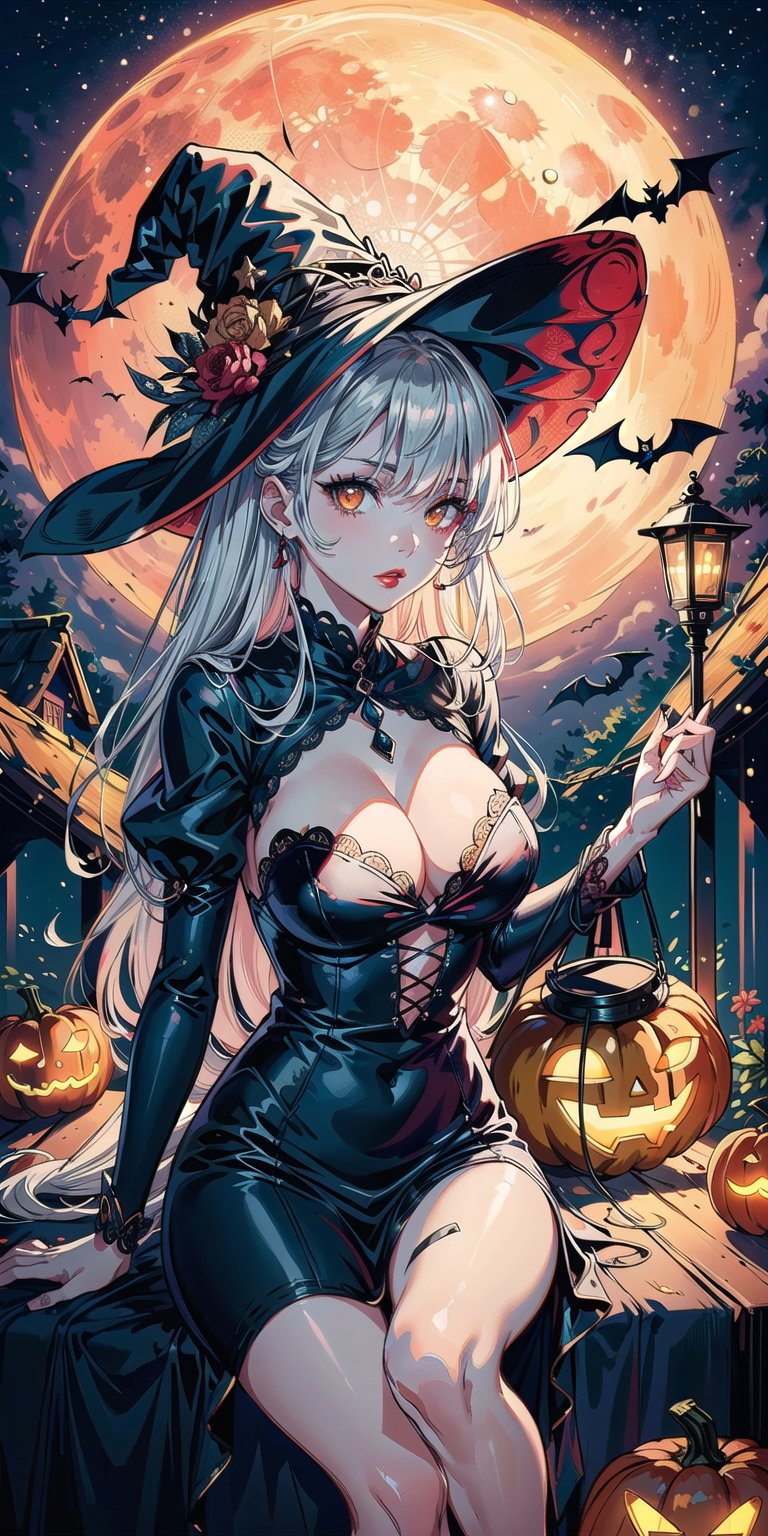 (1 stunning beautiful witch, solo, long silver hair, bright golden eyes, red lips, wearing a detailed black dress with rfiligree design, cleavage, sitting at the edge of a roof,  center position, giant full red moon background, lantern-pumpkins decoration, bats flying around 