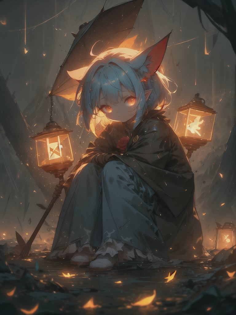 Macro-world, very small friendly and cute puffy creature, no human, blue color, bright lanterns, long puffy tail, long ears,  sitting on a red rose, holding a leaf-umbrella, raining, thunders light effect, golden fireflies background, night, GlowingRunes_, r1ge, masterpiece, detailed environment, macro effect