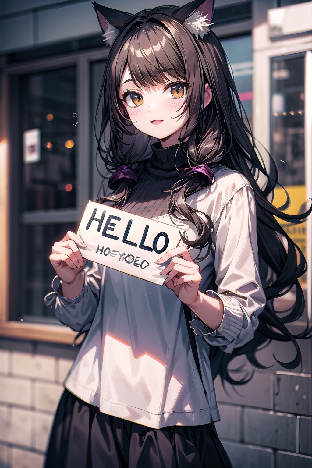 1 cat girl, long curly brown hair, holding a sign text:("hello")::1.9, close-up, casual location 