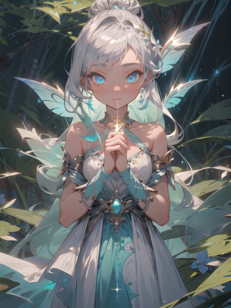 1 enchanting girl, fantasy world, cyan Luminous eyes, long silver starry hair, magical gown. Twin moons, ethereal creatures::1,2, glowing flora. Firefly aura, tranquil waterfall, close-up upper body
