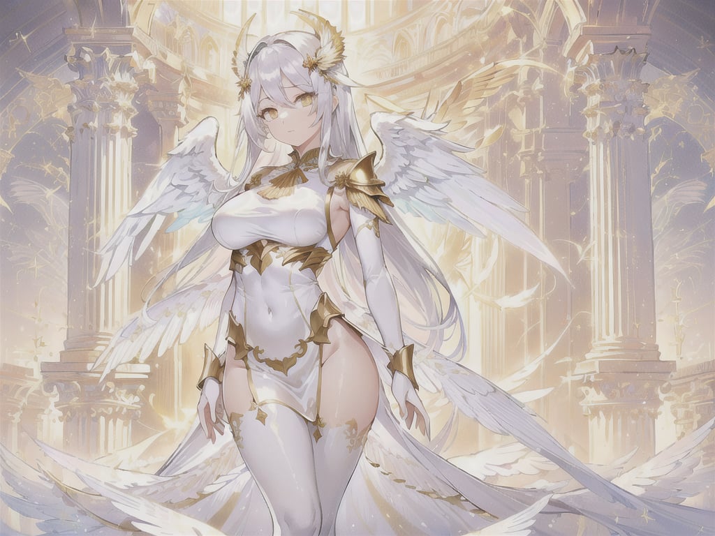 (sexy goddess of angels, perfect body, large breasts, silk-white-clothes, golden-ornamented-clothes, long double-wings::1.1, long silver ornamented hair, golden eyes, golden ornamented crown, luminescent presence) divine temple, taking a walk, falling angel feathers::1.1