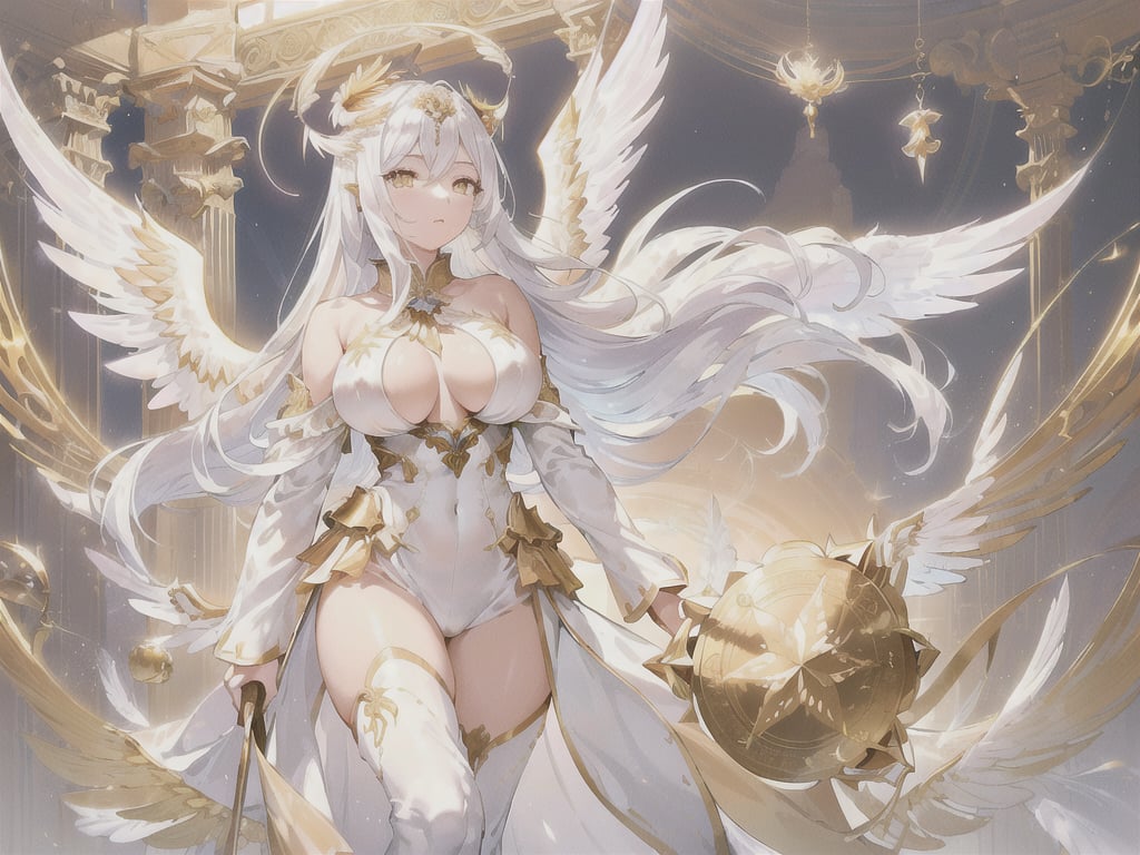 (sexy goddess of angels, perfect body, large breasts, silk-white-clothes, golden-ornamented-clothes, long double-wings::1.1, long silver ornamented hair, golden eyes, golden ornamented crown, luminescent presence) divine temple, taking a walk, falling angel feathers::1.1