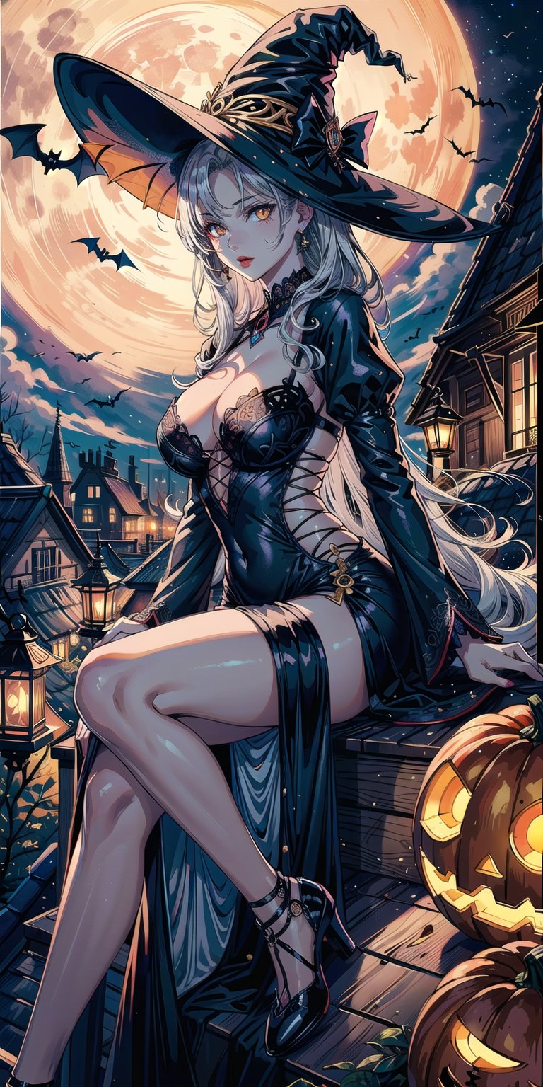 (1 stunning beautiful witch, solo, long silver hair, bright golden eyes, red lips, wearing a detailed black dress with rfiligree design, large breasts, cleavage, sitting at the edge of a roof,  center position, full moon background, lantern-pumpkins decoration, bats flying around 