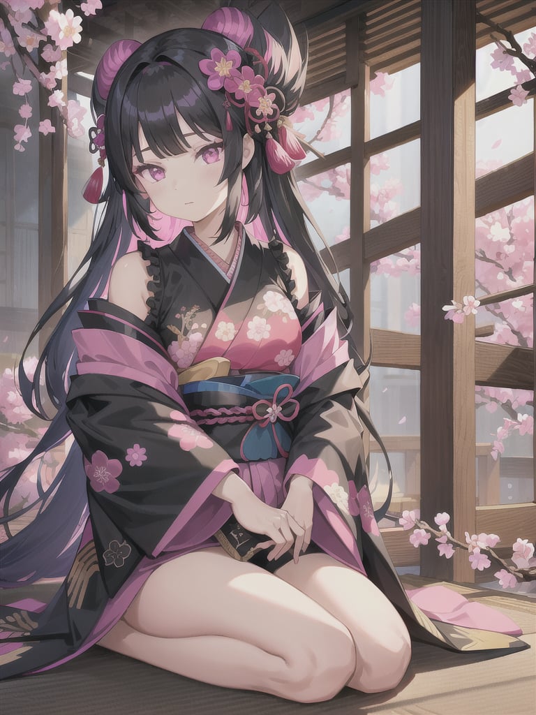 (1 girl, beatiful detailed kimono, long balck ornamented hair, magenta eyes) sitting on the knees, looking straight, slipped shoulder pads, japanese traditional room, small cheery blossom, falling petals, front of view, large breasts