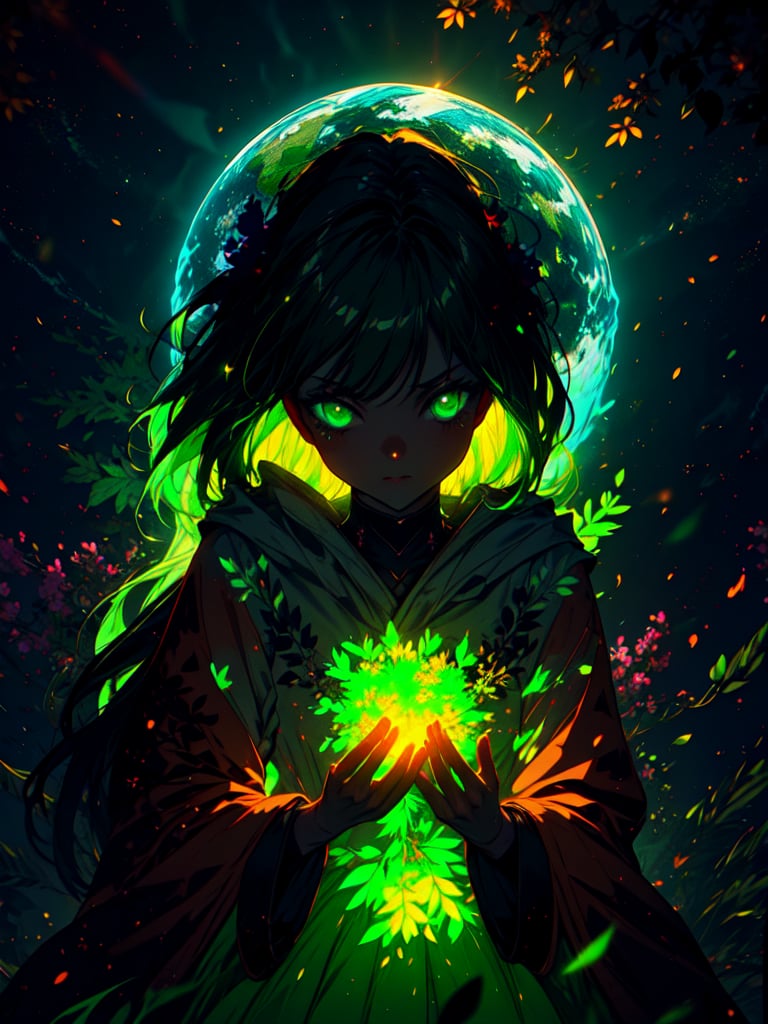 The Gaia spirit, solo, divine presence, undefined aspect, long hair, bright green eyes, radiant aura, welcoming the new Spirits, harmonious and full of love atmosphere, full earth planet background, flowers and leaves at the edge, SILHOUETTE LIGHT PARTICLES