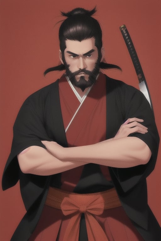 adult man with 25 year with beard
has traditional samurai clothes in red and black
he uses a katana and dont have the left hand, instead he have a hidden blade on the left forearm