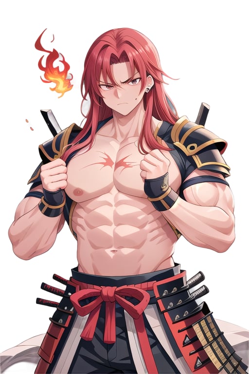 A majestic red haired with some gray hair for the age of 40, samurai stands tall against a backdrop of cherry blossom trees, their fiery locks ablaze under the soft, golden light of dawn. The imposing warrior's chest is open, revealing scars and a sea of rippling huge muscles beneath the armor. His piercing gaze, fueled by an unyielding ferocity, seems to bore into the soul. As he strikes a powerful double biceps pose, his massive physique appears chiseled from the very mountains themselves.