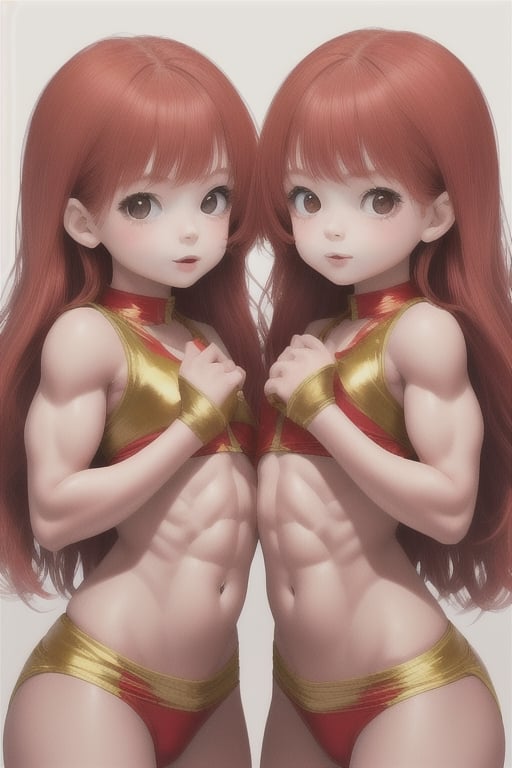 two babies 4 yearsold twin girls with red hair and bodybuild in japanese hobe colored red and gold