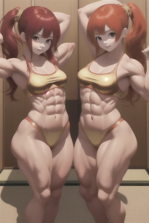 two babies 4 yearsold twin girls with red hair and bodybuild in japanese hobe colored red and gold