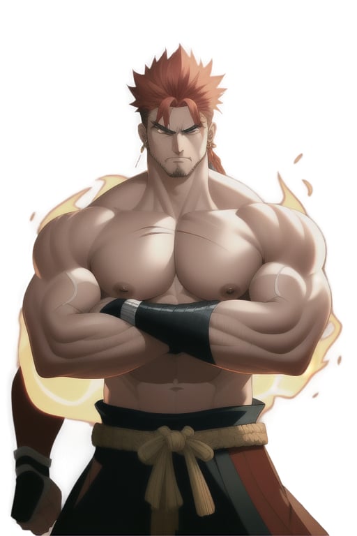 A majestic red haired with some gray hair for the age of 40, samurai stands tall against a backdrop of cherry blossom trees, their fiery locks ablaze under the soft, golden light of dawn. The imposing warrior's chest is open, revealing scars and a sea of rippling huge muscles beneath the armor. His piercing gaze, fueled by an unyielding ferocity, seems to bore into the soul. As he strikes a powerful double biceps pose, his massive physique appears chiseled from the very mountains themselves.