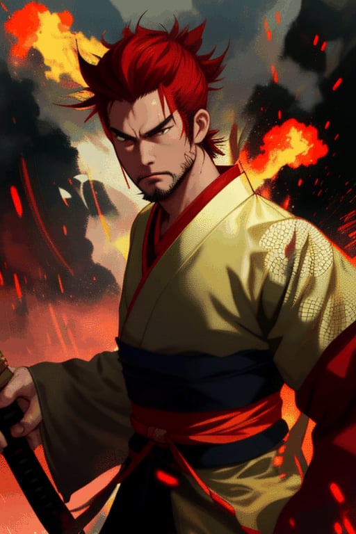 Describe an epic battle scene in feudal Japan, where an imposing samurai with red hair and golden samurai japanese hobe with open chest The samurai hold his katana with very muscular arms while his determined expression.
