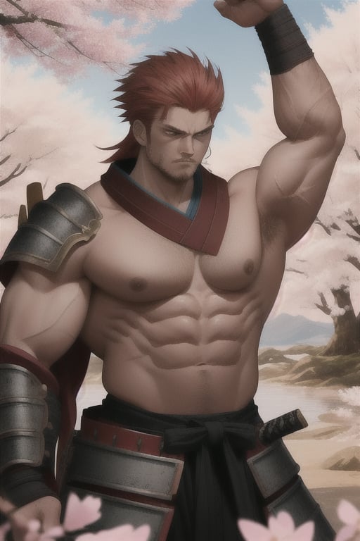 A majestic red haired samurai stands tall against a backdrop of cherry blossom trees, their fiery locks ablaze under the soft, golden light of dawn. The imposing warrior's chest is open, revealing scars and a sea of rippling muscles beneath the armor. His piercing gaze, fueled by an unyielding ferocity, seems to bore into the soul. As he strikes a powerful double biceps pose, his massive physique appears chiseled from the very mountains themselves.