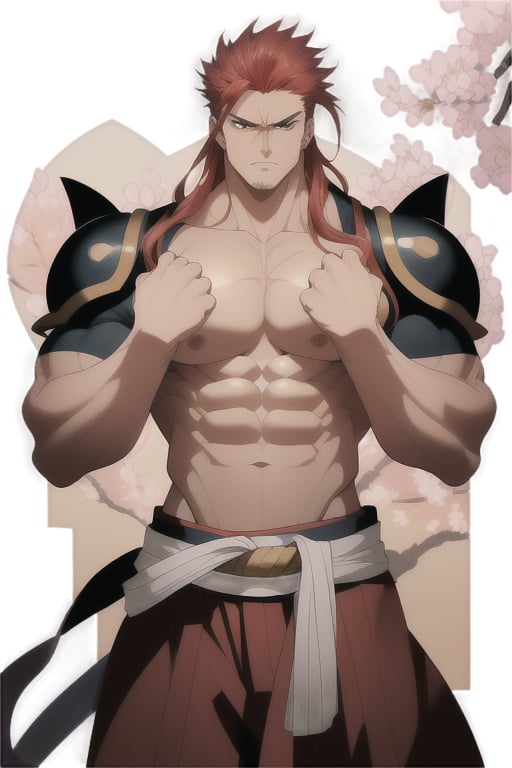 A majestic red haired samurai stands tall against a backdrop of cherry blossom trees, their fiery locks ablaze under the soft, golden light of dawn. The imposing warrior's chest is open, revealing scars and a sea of rippling huge muscles beneath the armor. His piercing gaze, fueled by an unyielding ferocity, seems to bore into the soul. As he strikes a powerful double biceps pose, his massive physique appears chiseled from the very mountains themselves.