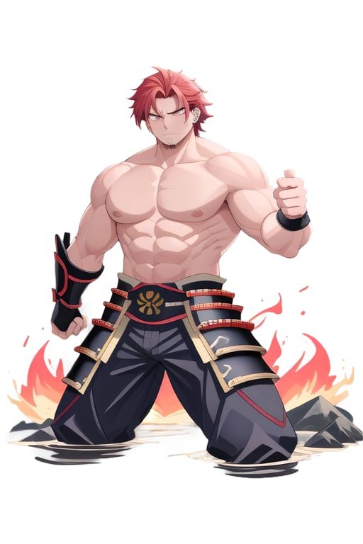 A majestic red haired with some gray hair for the age of 40, samurai stands tall against a backdrop of cherry blossom trees, their fiery locks ablaze under the soft, golden light of dawn. The imposing warrior's chest is open, revealing scars and a sea of rippling huge muscles beneath the armor. His piercing gaze, fueled by an unyielding ferocity, seems to bore into the soul. As he strikes a powerful double biceps pose, his massive physique appears chiseled from the very mountains themselves.