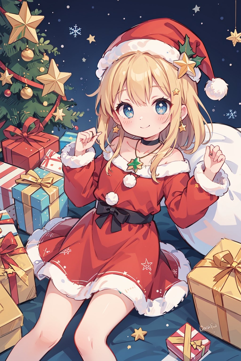 christmas_ornaments, christmas_tree, star_(symbol), star_hair_ornament, star_print, starfish, 1girl, christmas, saint_quartz_(fate), santa_hat, star_necklace, hat, star_earrings, star_pasties, starry_background, red_headwear, fur-trimmed_headwear, fur_trim, santa_costume, solo, merry_christmas, looking_at_viewer, ornament, star_choker, hat_ornament, blush, star_hat_ornament, smile, photo_(medium), sack, long_hair, star-shaped_pupils, closed_mouth, lying, holding_sack, gift, hammer_and_sickle, snowflakes, long_sleeves, star_in_eye, box, santa_dress, shikigami, shell, hair_ornament, blue_eyes, fur_hat, pom_pom_(clothes), gift_box, christmas_lights,Cute girl