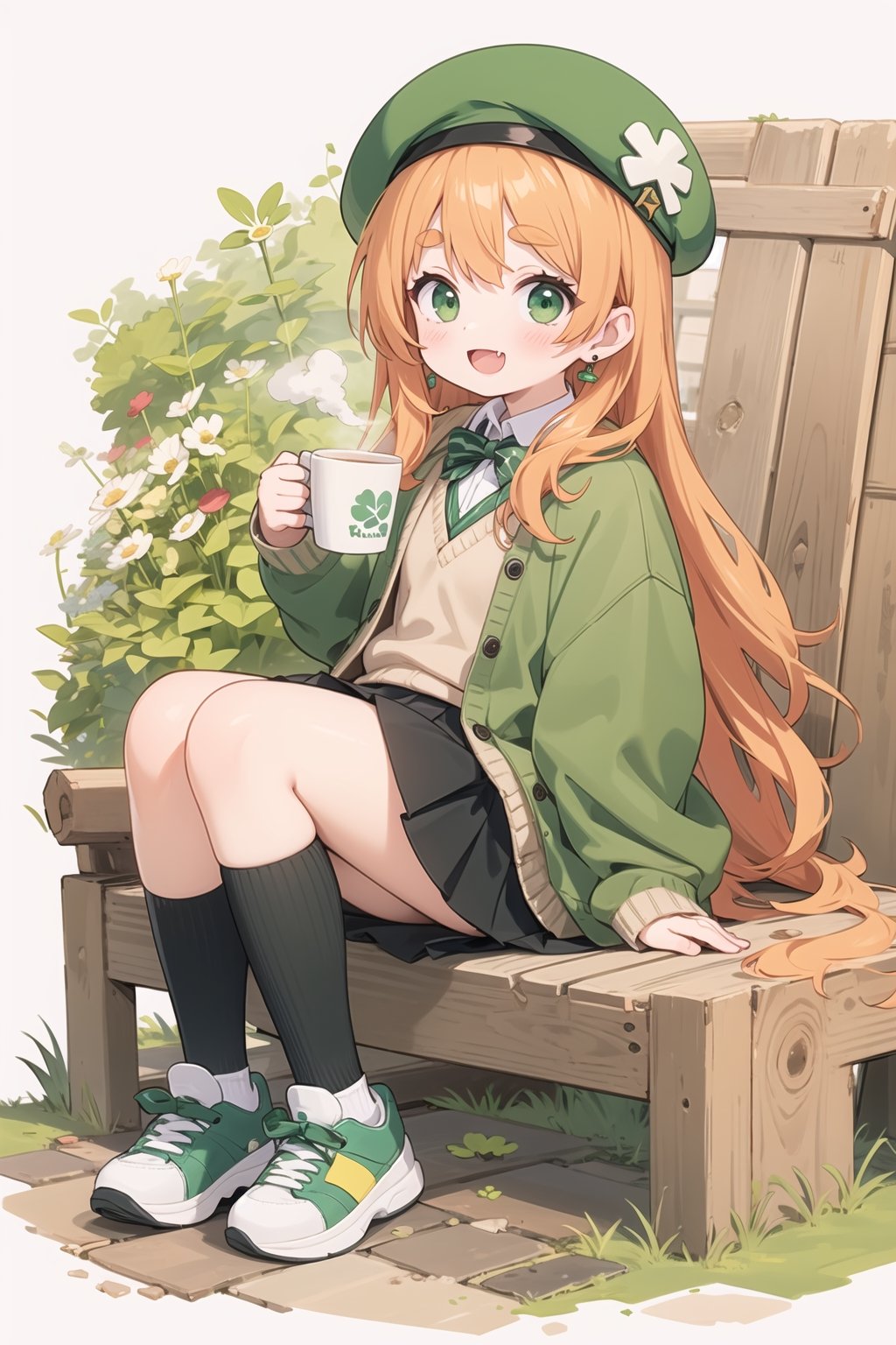 St. Patrick's Day, celts, Clover, formal hat, 1girl, long_hair, skirt, hat, green_eyes, green_jacket, earrings, open_mouth, smile, jewelry, orange_hair, green_skirt, long_sleeves, jacket, grass, sitting, cup, holding, mug, green_shirt, holding_cup, flower, very_long_hair, :d, looking_at_viewer, green_legwear, solo, wavy_hair, shoes, socks, disposable_cup, blush, full_body, beret, parted_bangs, black_skirt, dog, green_sweater, sneakers, curly_hair, animal, thick_eyebrows, cardigan, steam, messy_hair, striped, fang