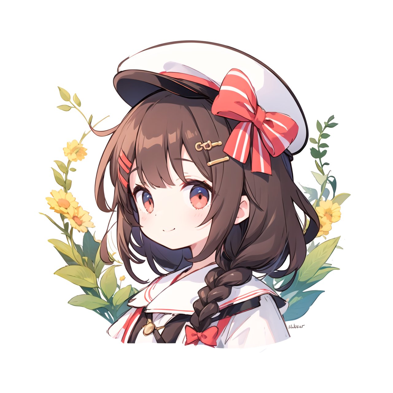 1girl, solo, braid, smile, bow, brown_hair, striped, hair_ornament, looking_at_viewer, vertical_stripes, upper_body, ahoge, hat, blush, red_eyes, portrait, closed_mouth, beret, leaf, black_headwear, white_background, hair_bow, hairclip, diagonal_stripes, striped_background, cropped_torso, twin_braids, shirt, long_hair