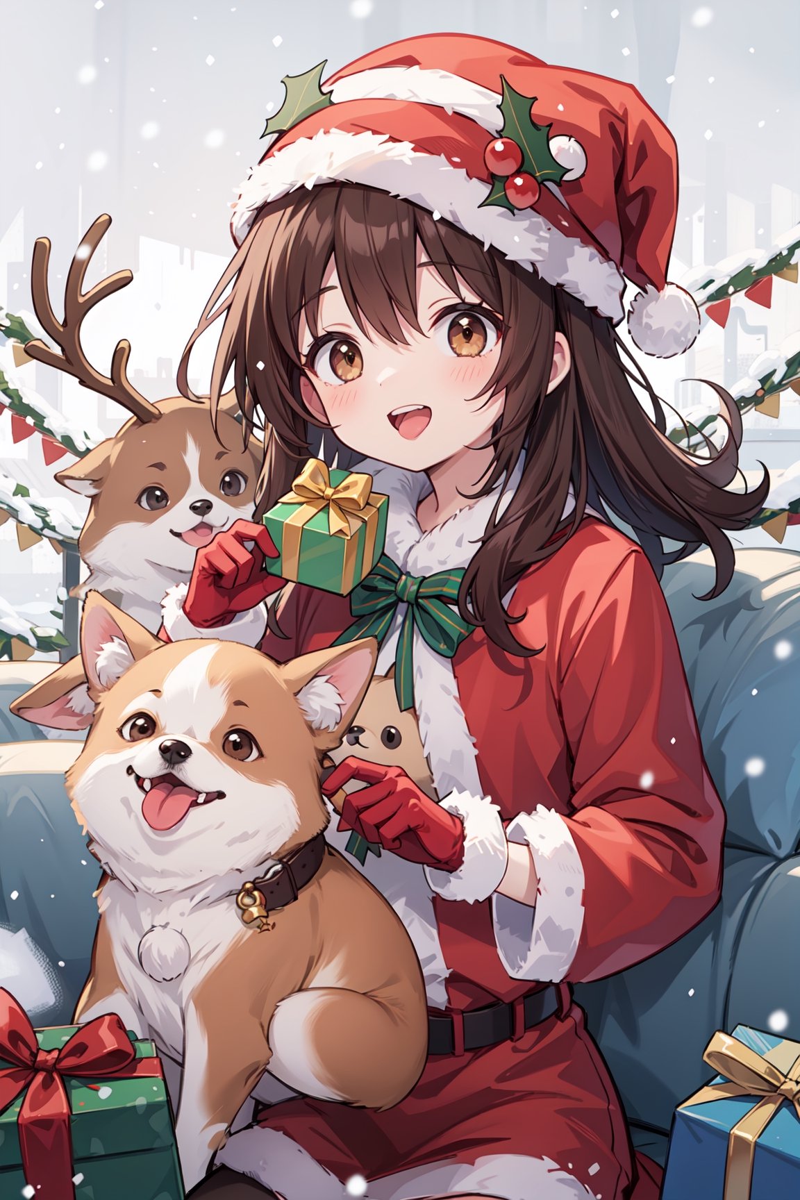 christmas, christmas ,1girl, animal, dog, hat, christmas, santa_hat, red_headwear, open_mouth, brown_eyes, brown_hair, smile, fur-trimmed_headwear, red_jacket, reindeer, looking_at_viewer, snowing, gloves, shiba_inu, holding, santa_costume, fur_trim, snow, teeth, tongue, long_sleeves,