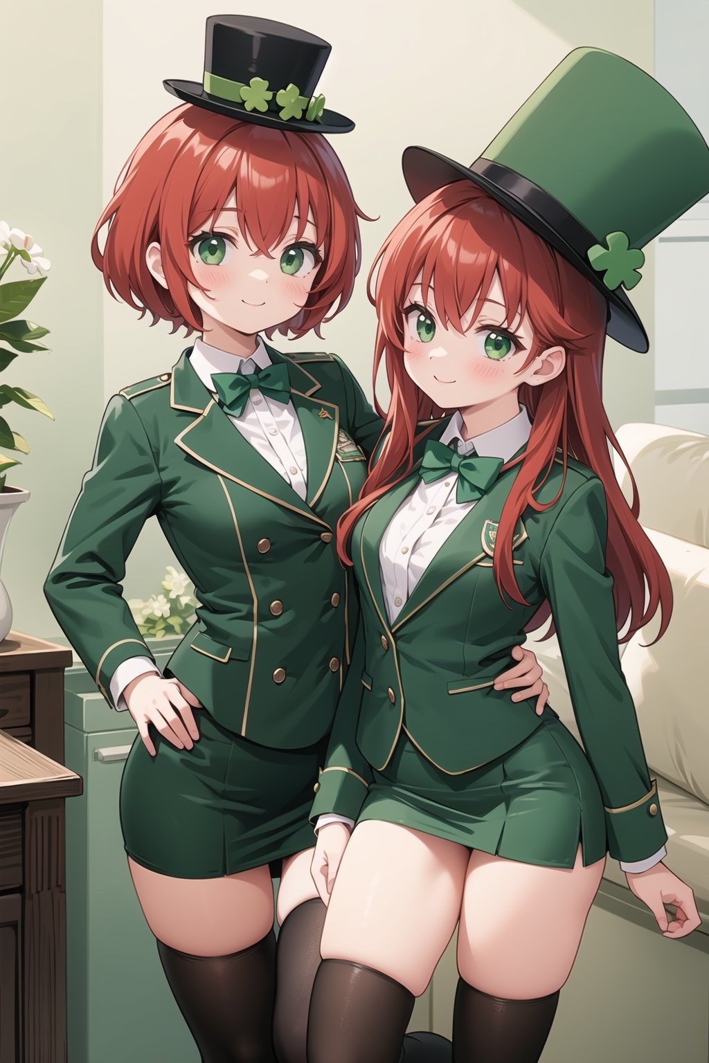 St. Patrick's Day, celts, Clover, formal hat, hat, green_eyes, thighhighs, hat, red_hair, long_hair, black_legwear, bow, top_hat, bowtie, pencil_skirt, skirt, green_skirt, smile, short_hair, hand_on_hip, zettai_ryouiki, blush, jacket, siblings, green_jacket, multiple_girls, 2girls, miniskirt, looking_at_viewer