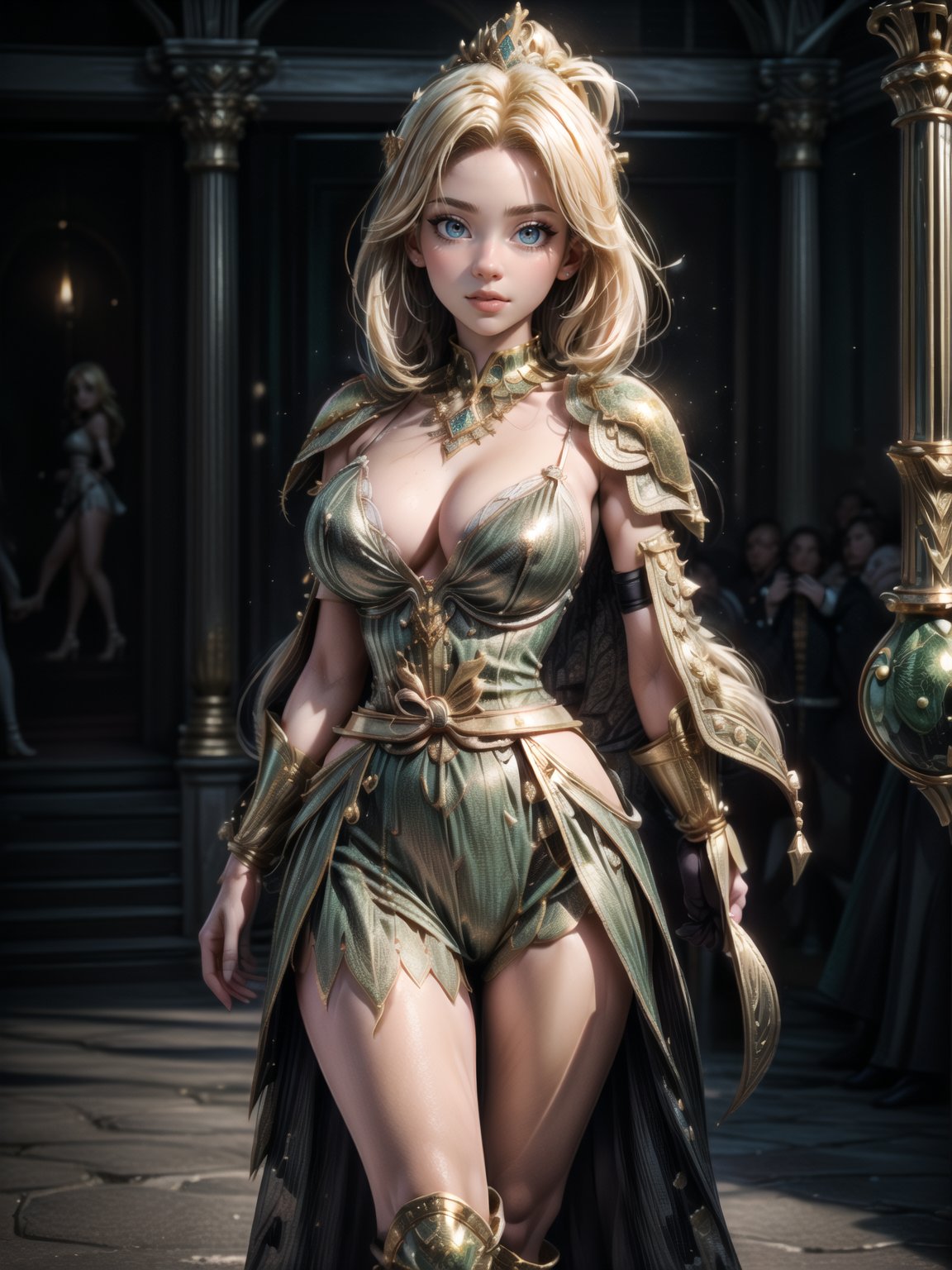 {((1woman))}, {only she is (((black modern medieval armor with small gold parts extremely small and tight on the body, medieval sword on the scabbard fastened at the waist)), only she has ((giant breasts)), (((very short blonde hair, green eyes, vampire fangs)), ((staring at the viewer, smiling, expression of desire)), (((fighting pose))}, {((in city of King Arthur's time,  with multiple people, product sales fair))}, ((whole body):1.5), 16k, best quality, best resolution, best sharpness,