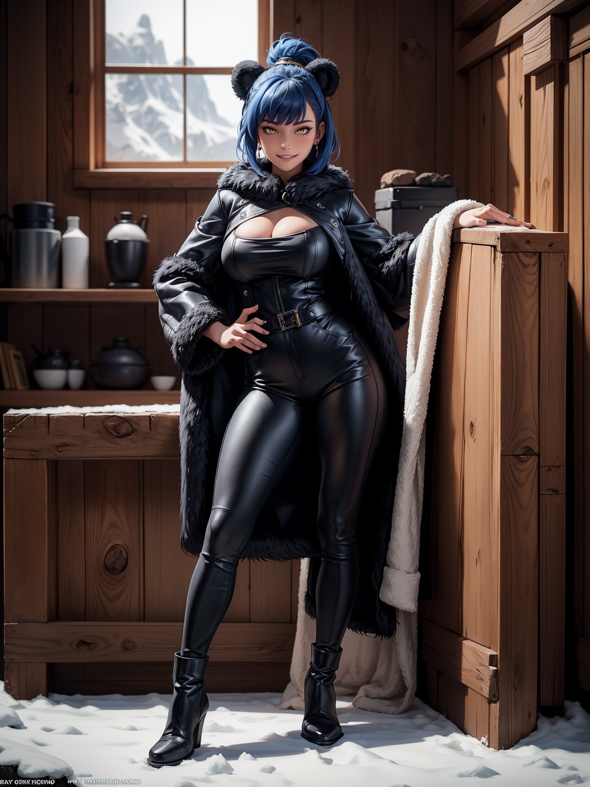 A woman, wearing a black bear fur coat, white T-shirt, black leather pants, brown leather boots, hood on her head, monstrously gigantic breasts, blue hair, short hair, hair with bangs in front of her eyes, hair with ponytail, looking at the viewer, ((((erotic pose interacting and leaning [on something in the environment|on an object]))), in a totally frozen cave with a house made of wood, with furniture, window, machines, cold wind, ((full body):1.5), 16k, UHD, best possible quality, ultra detailed, best possible resolution, Unreal Engine 5, professional photography, ((well-detailed fingers)), ((well-detailed hand)), ((perfect_hands))