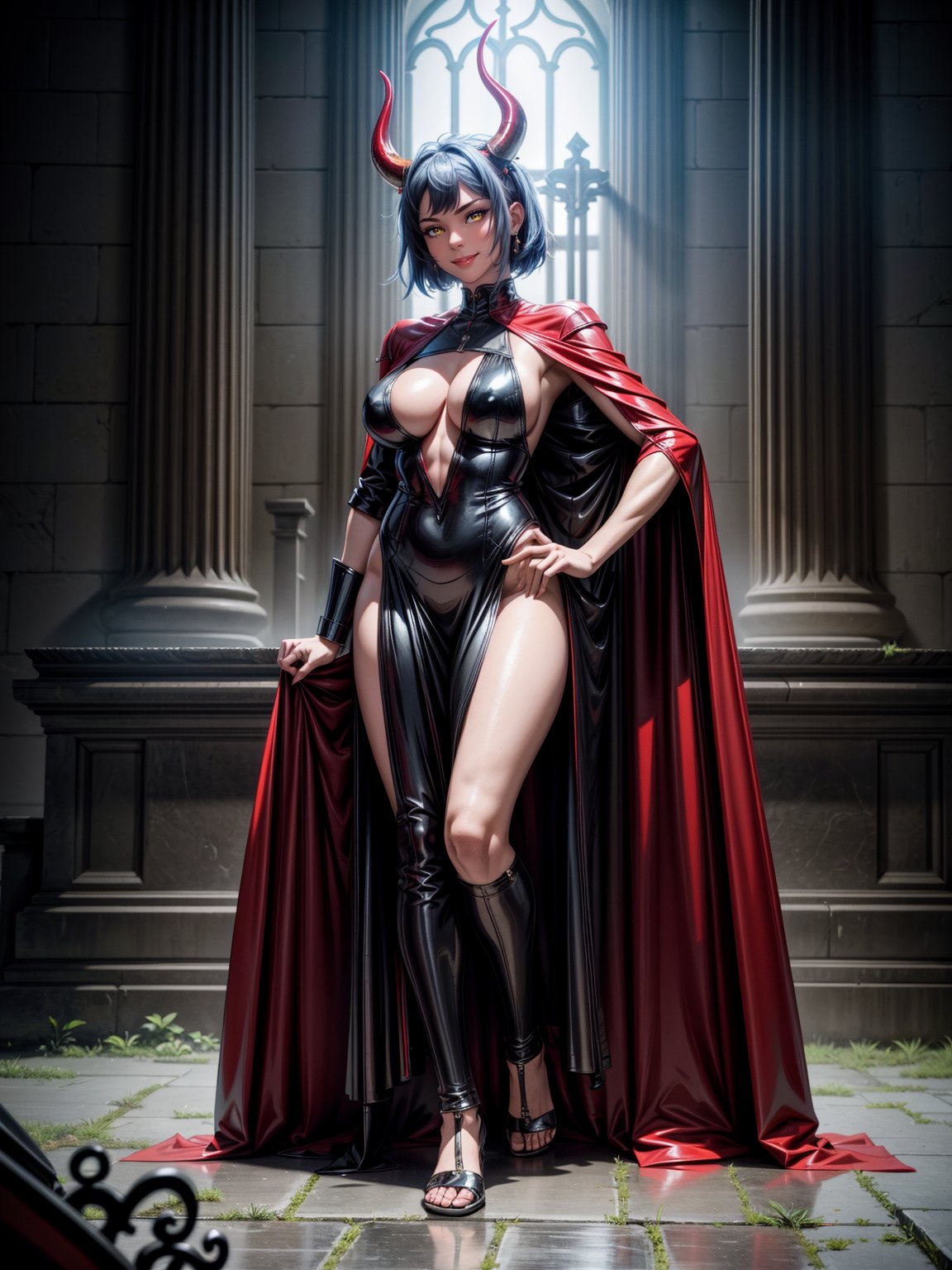 A woman, wearing black wick costume with parts in red + red metallic armor, gigantic breasts, blue hair, very short hair, hair stuck, horns on the head, bangs in front of the eyes, looking at the viewer, (((erotic pose interacting and leaning on an object))), in an ancient tomb, large altars, coffins, large structures, window showing the cemetery with mist and at night,  ((full body):1.5). 16k, UHD, best possible quality, ((best possible detail):1), best possible resolution, Unreal Engine 5, professional photography, perfect_hands