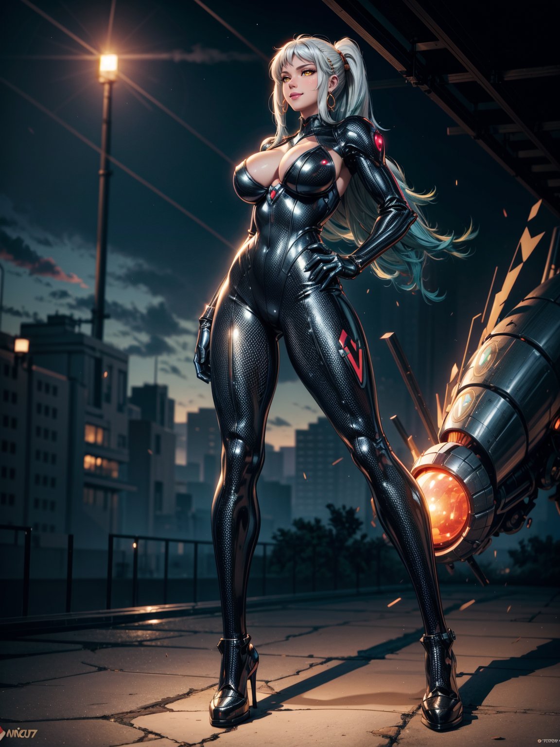 Just a beautiful woman, wearing mecha costume+medieval armor+black Samus Aran costume with golden metallic parts, absurdly giant breasts, blue hair, extremely short hair, hair with bangs in front of the eyes, helmet on the head, looking at the viewer, (((erotic pose interacting and leaning on something))), in a city, vehicles, machines, monsters, large structures, beautiful landscape background with sunset, ((full body):1.5) ,((Super Metroid)), 16k, UHD, best possible quality, ((ultra detailed):1), best possible resolution, Unreal Engine 5, professional photography, perfect_hands