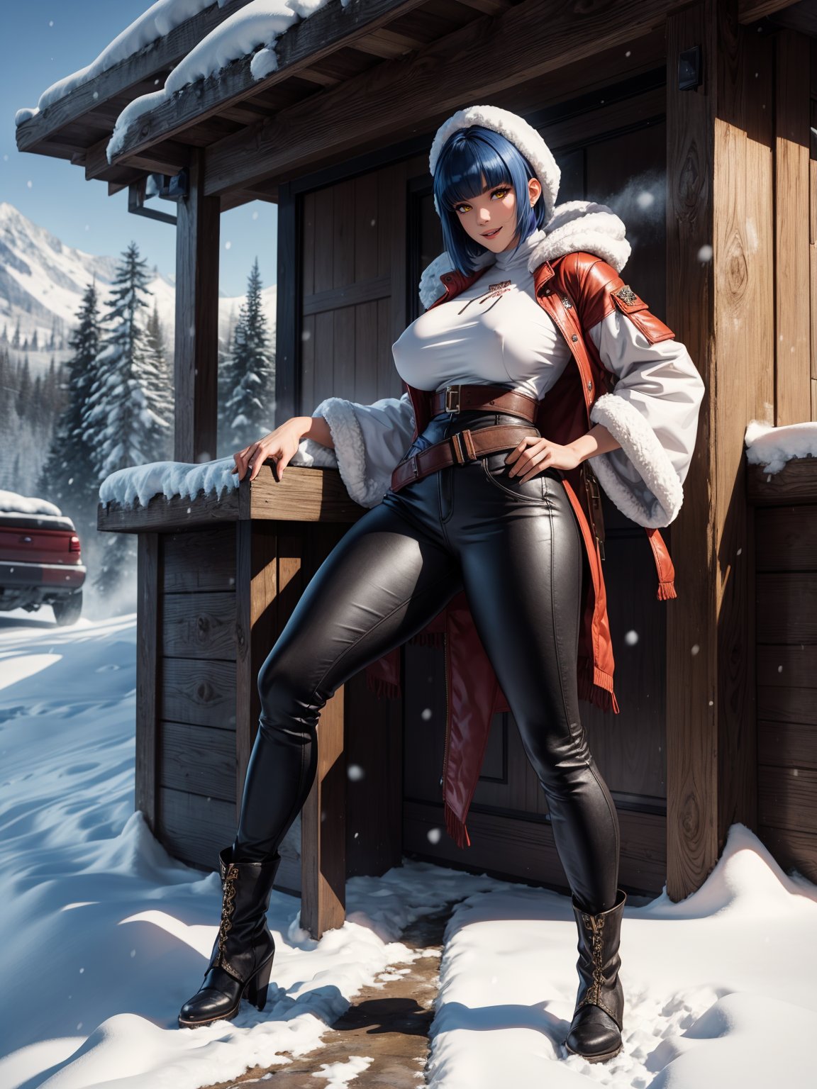 A hunting woman, wearing a wolf's fur coat, white T-shirt, long black pants, brown leather boots, monstrously gigantic breasts, blue hair, short hair, hair with bangs in front of her eyes, looking at the viewer, hood on her head, (((erotic pose interacting and leaning [on something in the environment|on an object]))), in front of the entrance of a house all made of wood, with snow vehicle, machines, tools, mountain bottom with lots of snow, snowing hard, ((full body):1.5), 16k, UHD, best possible quality, ultra detailed, best possible resolution, Unreal Engine 5, professional photography, ((well-detailed fingers)),  ((well-detailed hand)), ((perfect_hands))