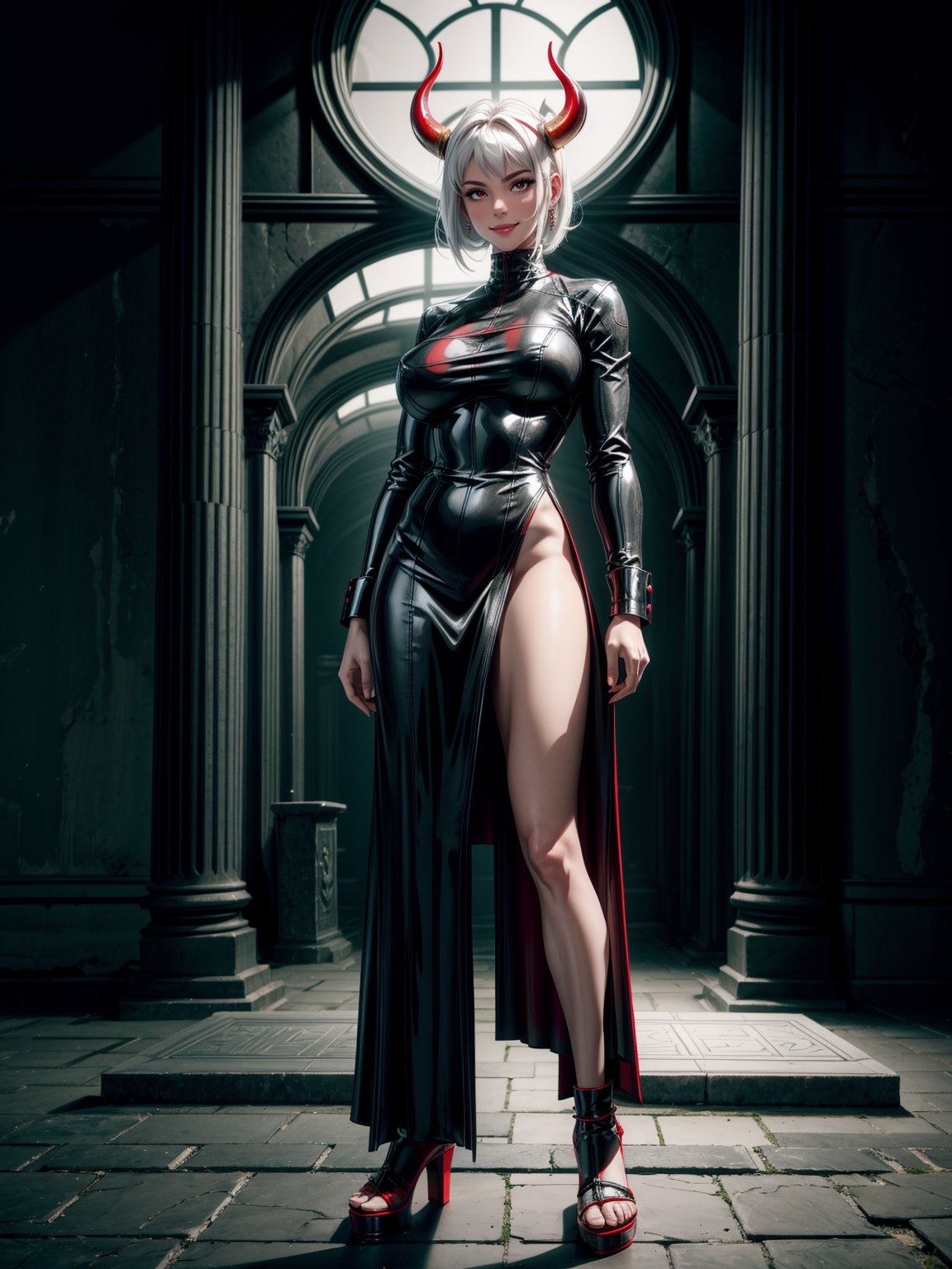A woman, wearing black wick costume with parts in red+red metallic armor, gigantic breasts, white hair, hair with green lock, very short hair, hair stuck, horns on the head, bangs in front of the eyes, looking at the viewer, (((erotic pose interacting and leaning on an object))), in an ancient tomb, large altars, coffins, large structures, window showing the cemetery with mist and at night, ((full body):1.5). 16k, UHD, best possible quality, ((best possible detail):1), best possible resolution, Unreal Engine 5, professional photography, perfect_hands