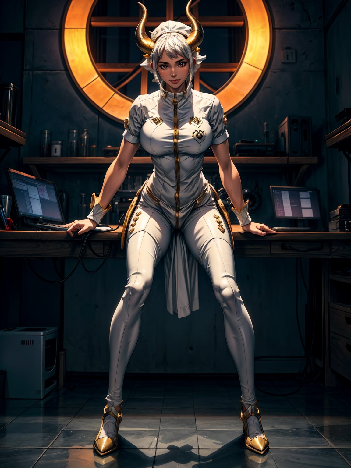 Just one woman, wearing white lock costume + golden armor, extremely tight and short, gigantic breasts, very short hair, straight hair, hair with bangs in front of the eyes, hat on the head, horns on the head, staring at the spectator, (((erotic pose interacting and leaning on something))), in a laboratory, with computers, control panel, machines, gears, visor showing a giant monster in a city, ((full body):1.5), 16k, UHD, best possible quality, ((ultra detailed):1.2), best possible resolution, Unreal Engine 5, professional photography, (((perfect_hands))), YamatoOP