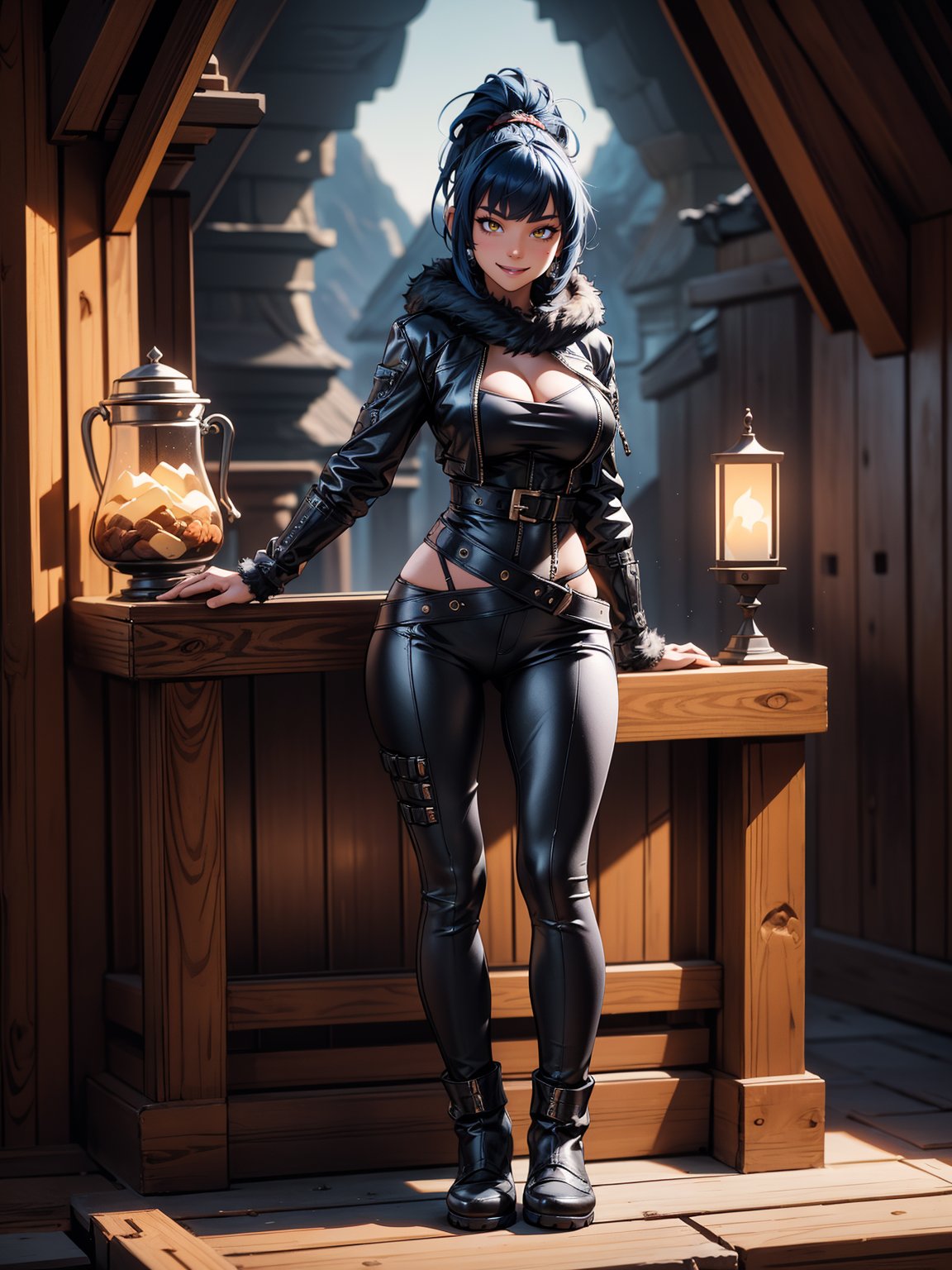 A woman, wearing a black bear fur coat, white T-shirt, black leather pants, brown leather boots, hood on her head, monstrously gigantic breasts, blue hair, short hair, hair with bangs in front of her eyes, hair with ponytail, looking at the viewer, ((((erotic pose interacting and leaning [on something in the environment|on an object]))), in a totally frozen cave with a house made of wood, with furniture, window, machines, cold wind, ((full body):1.5), 16k, UHD, best possible quality, ultra detailed, best possible resolution, Unreal Engine 5, professional photography, (well-detailed fingers), (well-detailed hand), (perfect_hands)