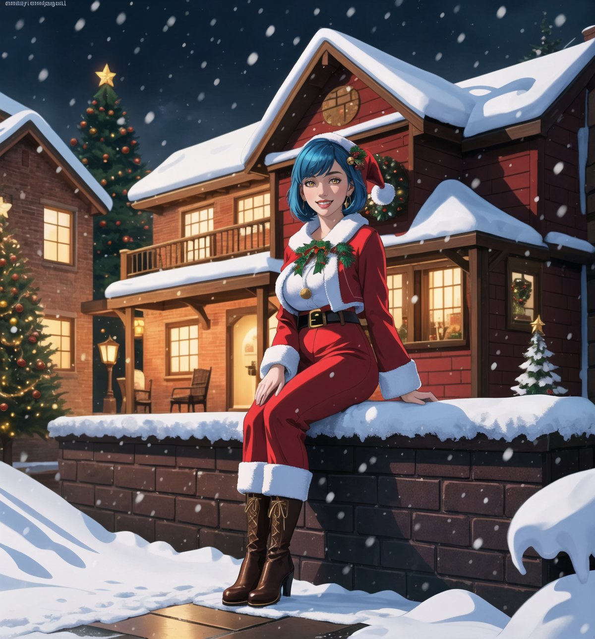 A fantasy, Christmas, horror and macabre masterpiece, rendered in ultra-detailed 8K with realistic and vibrant details. | Noelle, a young 23-year-old woman, is dressed in a Santa Claus costume consisting of a red coat with white details, red pants, black boots and a Santa hat. Her her ((short blue hair)) is styled in a modern and stylish cut, with light effects shining on it. ((She has golden eyes, looking at the viewer while smiling and showing her teeth)), wearing red lipstick. It is located in front of a house made of bricks, at night, during a heavy snowfall. The wooden and brick structures, Christmas tree and gift bag add to the festive and magical atmosphere of the place. The gently falling snow creates an enchanting effect, enhancing the beauty of the scene. | The image highlights Noelle's attractive figure and the architectural elements of the brick house. The wooden and brick structures, together with the Christmas tree and bag of gifts, create a magical and enchanting environment. The gently falling snow enhances the beauty and festive atmosphere of the scene. | Soft, glowing lighting effects create a magical, enchanting atmosphere, while detailed textures on clothing, hair, and structures add realism to the image. | A stunning scene of a young woman dressed as Santa Claus in front of a brick house during a heavy snowfall, exploring themes of fantasy, Christmas, horror and the macabre. | (((The image reveals a full-body shot as Noelle assumes a sensual pose, engagingly leaning against a structure within the scene in an exciting manner. She takes on a sensual pose as she interacts, boldly leaning on a structure, leaning back and boldly throwing herself onto the structure, reclining back in an exhilarating way.))). | ((((full-body shot)))), ((perfect pose)), ((perfect arms):1.2), ((perfect limbs, perfect fingers, better hands, perfect hands, hands)), ((perfect legs, perfect feet):1.2), ((huge breasts)), ((perfect design)), ((perfect composition)), ((very detailed scene, very detailed background, perfect layout, correct imperfections)), Enhance, Ultra details++, More Detail, poakl