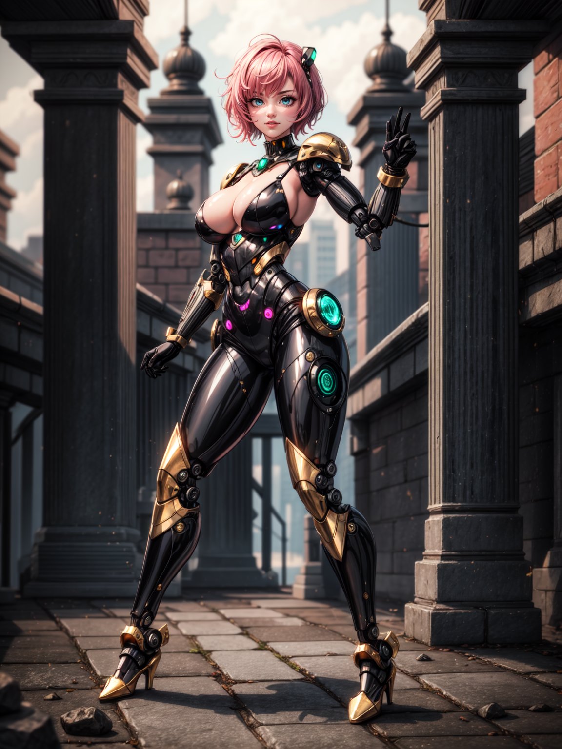 {((1woman))}, only she is {((worn black cybernetic armor with gold parts, extremely tight and short on the body)), only she has ((very short pink hair, green eyes)), ((very large breasts)), ((fighting pose)), only she is smiling and staring at the viewer, ((she is in a macabre temple, made of metal and stone, several robot guards, stone robots, various equipment futurists, bright light))}, ((full body):1.5), 16k, best quality, best resolution, best sharpness