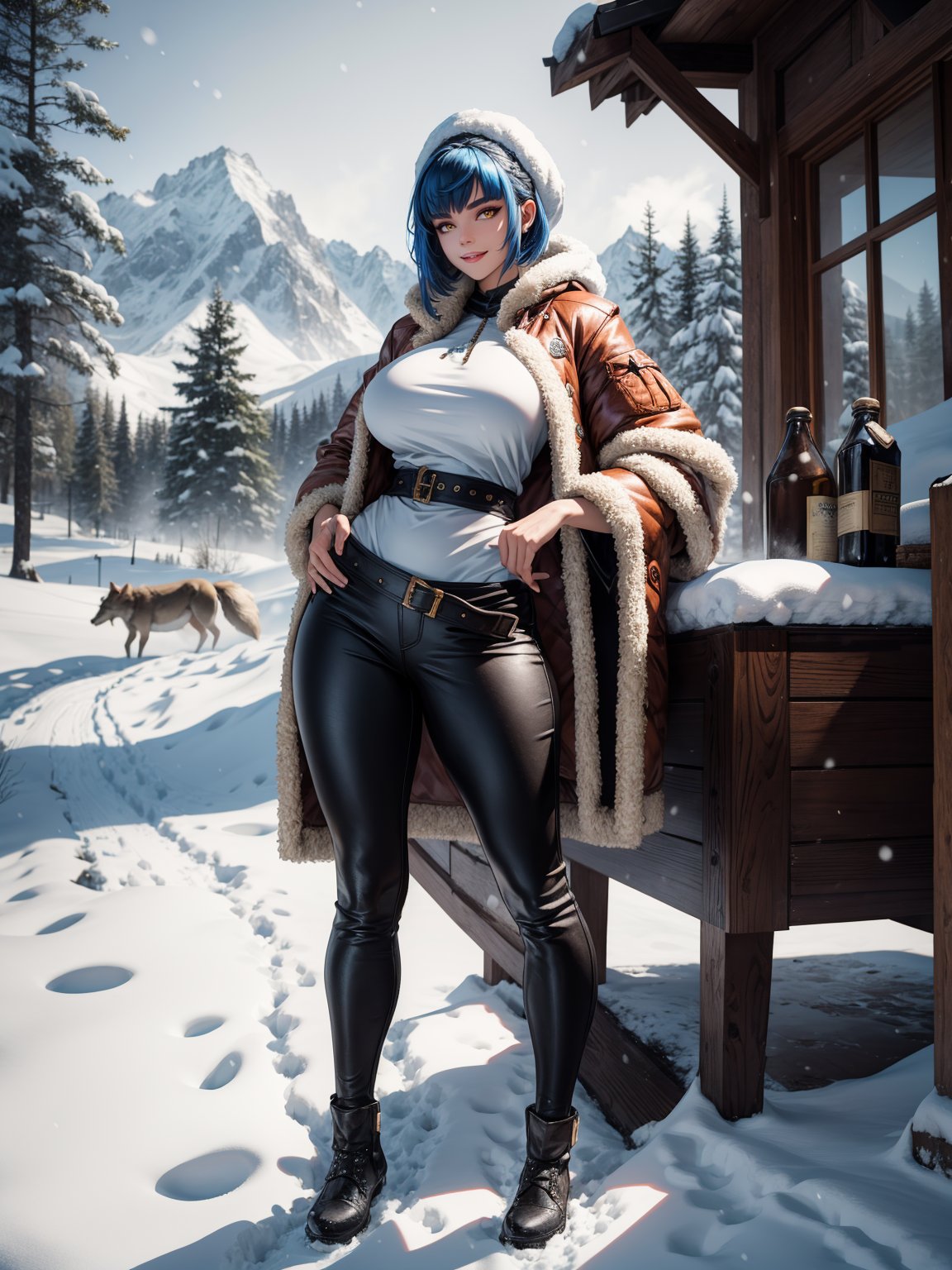 A hunting woman, wearing a wolf's fur coat, white T-shirt, long black pants, brown leather boots, monstrously gigantic breasts, blue hair, short hair, hair with bangs in front of her eyes, looking at the viewer, hood on her head, (((erotic pose interacting and leaning [on something in the environment|on an object]))), in front of the entrance of a house all made of wood, with snow vehicle, machines, tools, mountain bottom with lots of snow, snowing hard, ((full body):1.5), 16k, UHD, best possible quality, ultra detailed, best possible resolution, Unreal Engine 5, professional photography, ((well-detailed fingers)),  ((well-detailed hand)), ((perfect_hands))