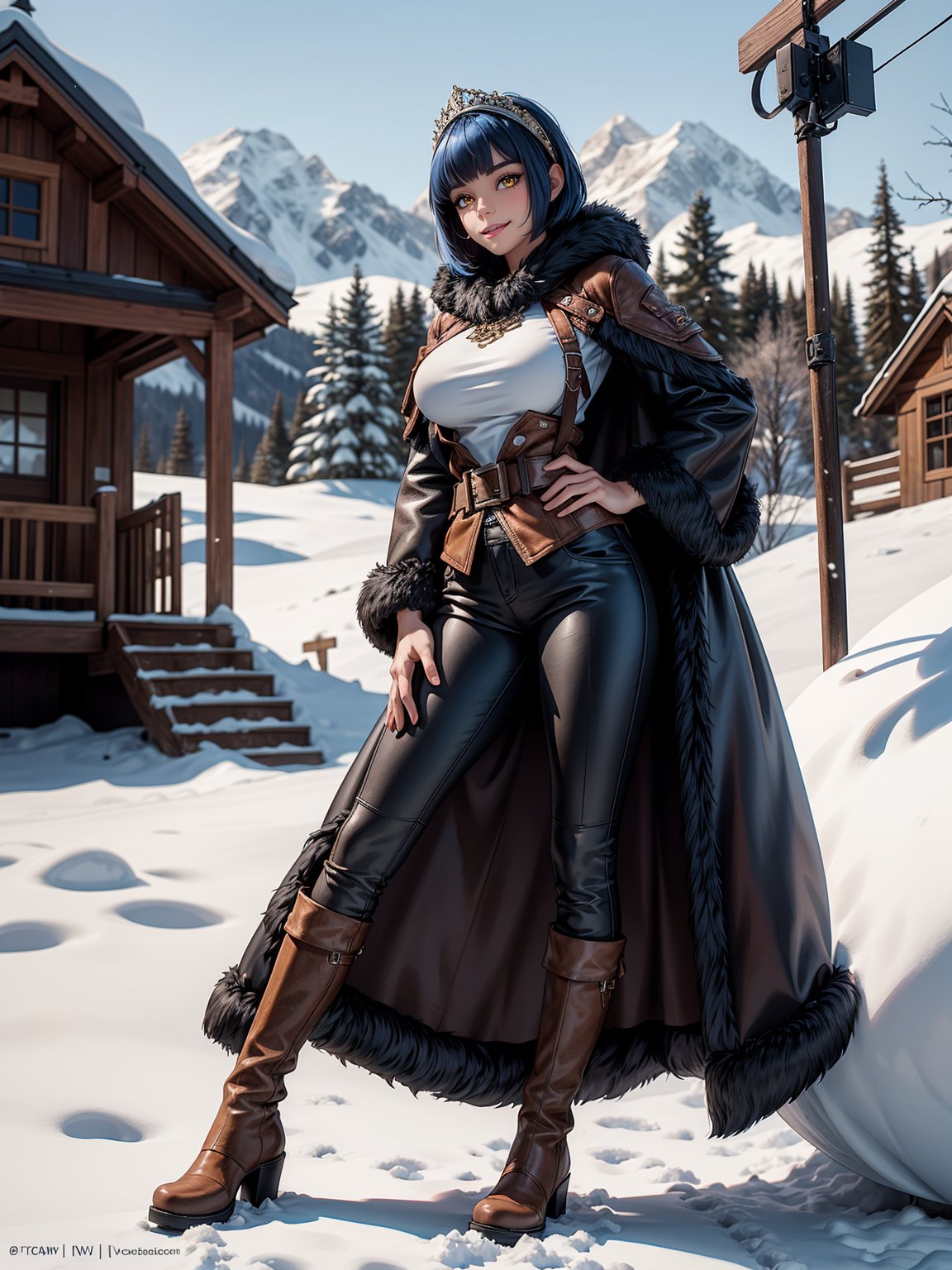 A hunting woman, wearing a wolf's fur coat, white T-shirt, long black pants, brown leather boots, monstrously gigantic breasts, blue hair, short hair, hair with bangs in front of her eyes, looking at the viewer, hood on her head, (((erotic pose interacting and leaning [on something in the environment|on an object]))), in front of the entrance of a house all made of wood, with snow vehicle, machines, tools, mountain bottom with lots of snow, snowing hard, ((full body):1.5), 16k, UHD, best possible quality, ultra detailed, best possible resolution, Unreal Engine 5, professional photography, ((well-detailed fingers)),  ((well-detailed hand)), ((perfect_hands))