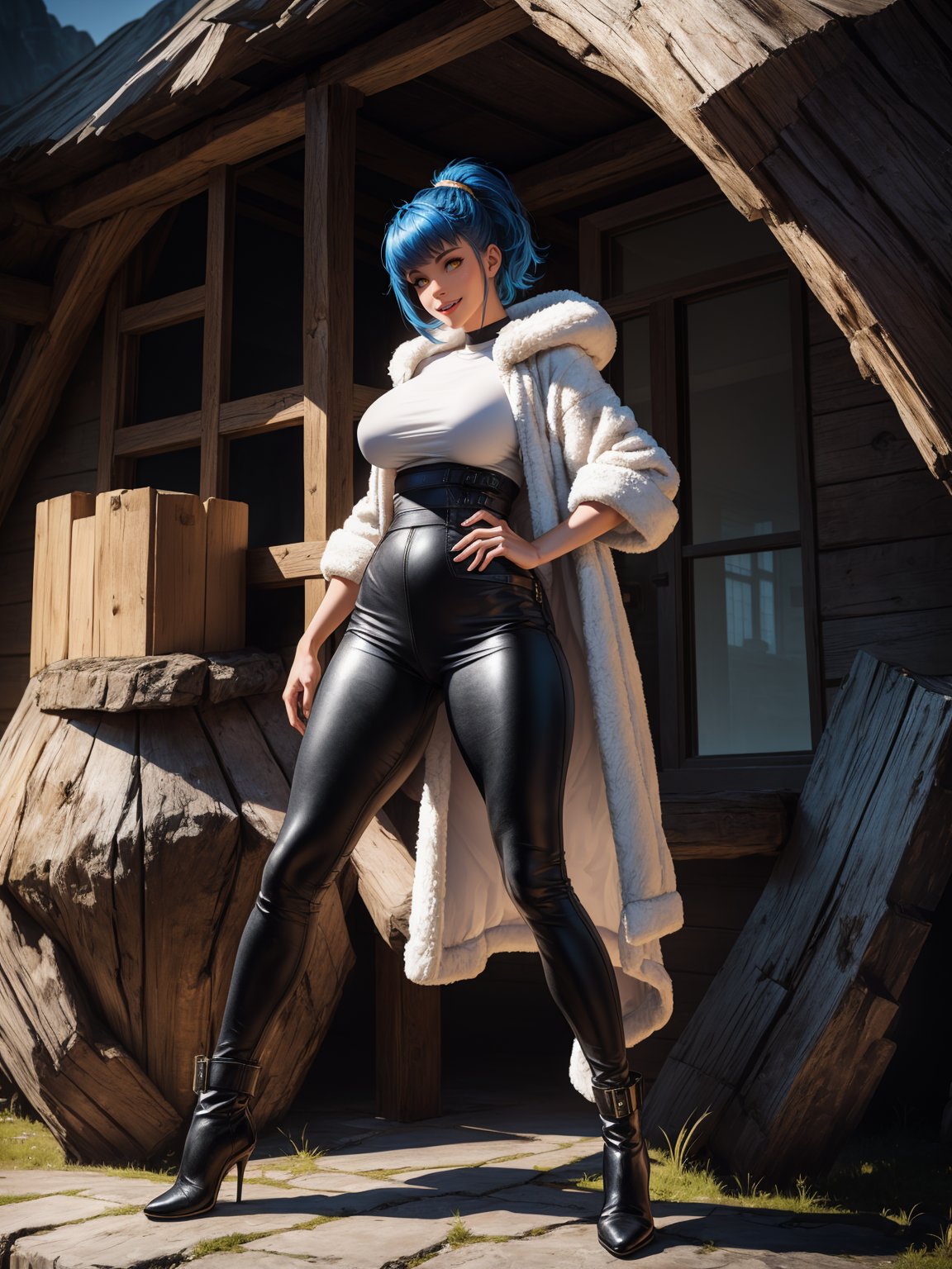 A woman, wearing a black bear fur coat, white T-shirt, black leather pants, brown leather boots, hood on her head, monstrously gigantic breasts, blue hair, short hair, hair with bangs in front of her eyes, hair with ponytail, looking at the viewer, ((((erotic pose interacting and leaning [on something in the environment|on an object]))), in a totally frozen cave with a house made of wood, with furniture, window, machines, cold wind, ((full body):1.5), 16k, UHD, best possible quality, ultra detailed, best possible resolution, Unreal Engine 5, professional photography, ((well-detailed fingers)), ((well-detailed hand)), ((perfect_hands))