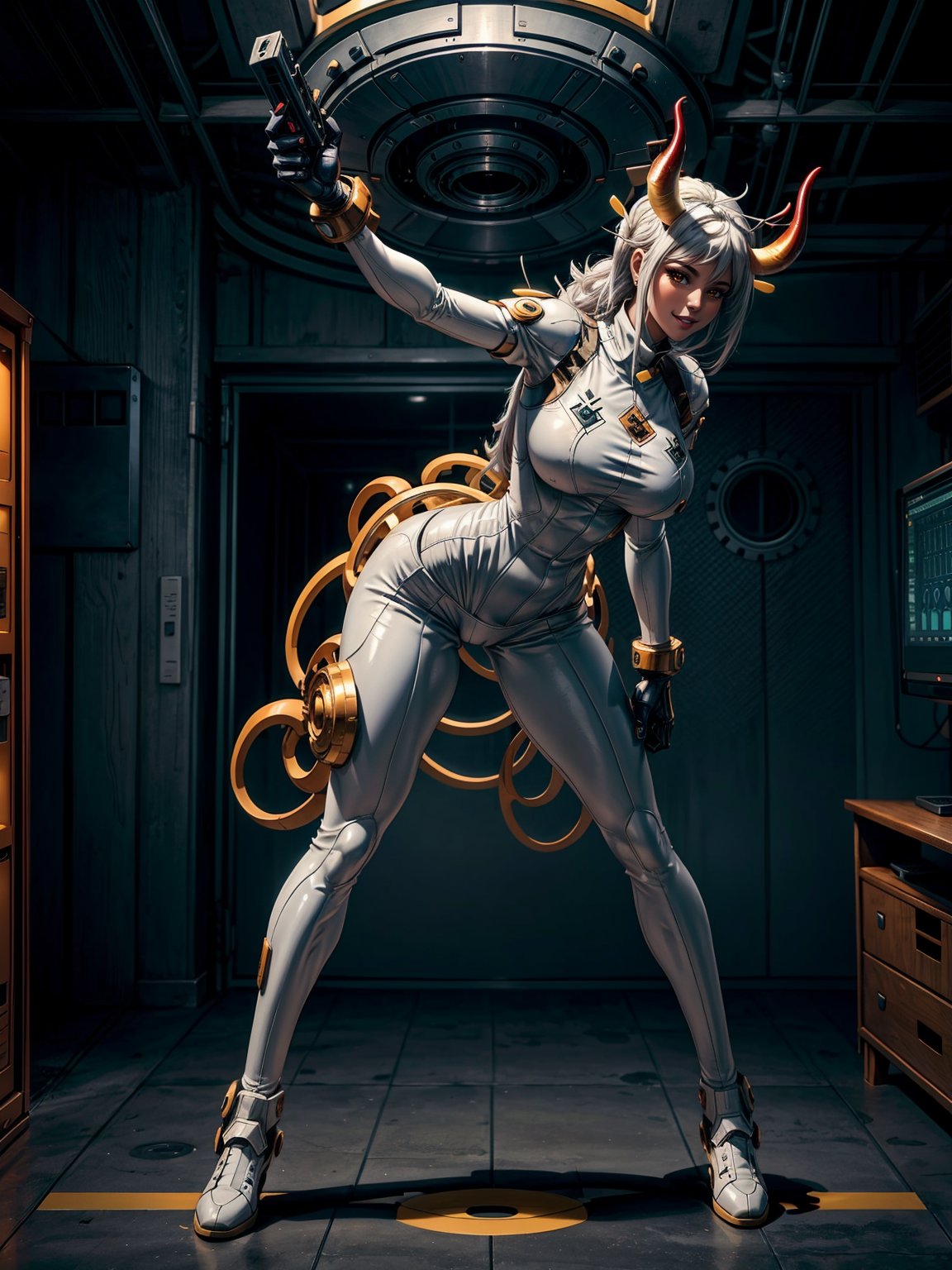 Just one woman, wearing white mech costume+golden armor, extremely tight and short, gigantic breasts, hair with bangs in front of her eyes, hat on her head, horns on her head, staring at the viewer, (((erotic pose interacting and leaning on something))), in a giant robot, with computers, control panel, machines, gears, visor showing a giant monster in a city,  ((full body):1.5), 16k, UHD, best possible quality, ((ultra detailed):1.2), best possible resolution, Unreal Engine 5, professional photography, (((perfect_hands))), YamatoOP