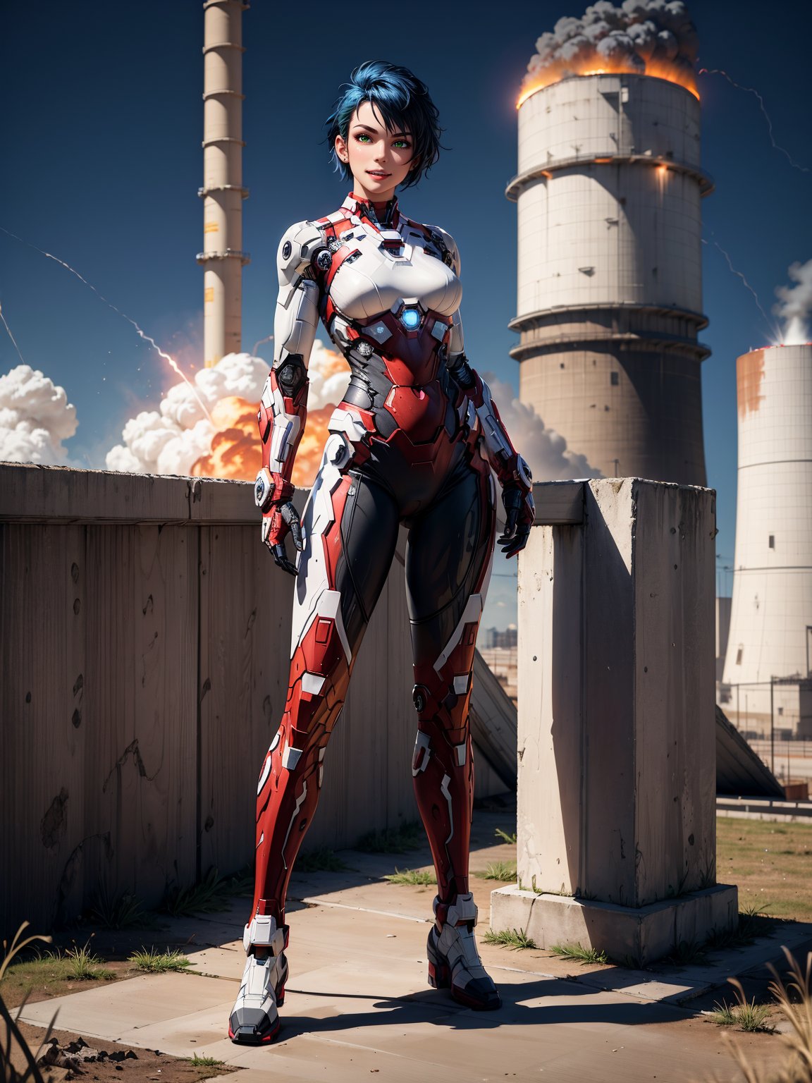 A woman, wearing white heroin costume + iron man costume, all black with white parts, tight and tight costume, monstrously giant breasts, blue hair, short hair, mohawk hair, looking at the viewer,(((pose interacting and leaning [on a structure|on something|on an object]))), in a nuclear power plant with toxic waste leaking, machines, pollution in every environment, is at night, many explosions, ((full body):1.5), 16k, UHD, best possible quality, ultra detailed, best possible resolution, Unreal Engine 5, professional photography, well-detailed fingers, well-detailed hand, perfect_hands