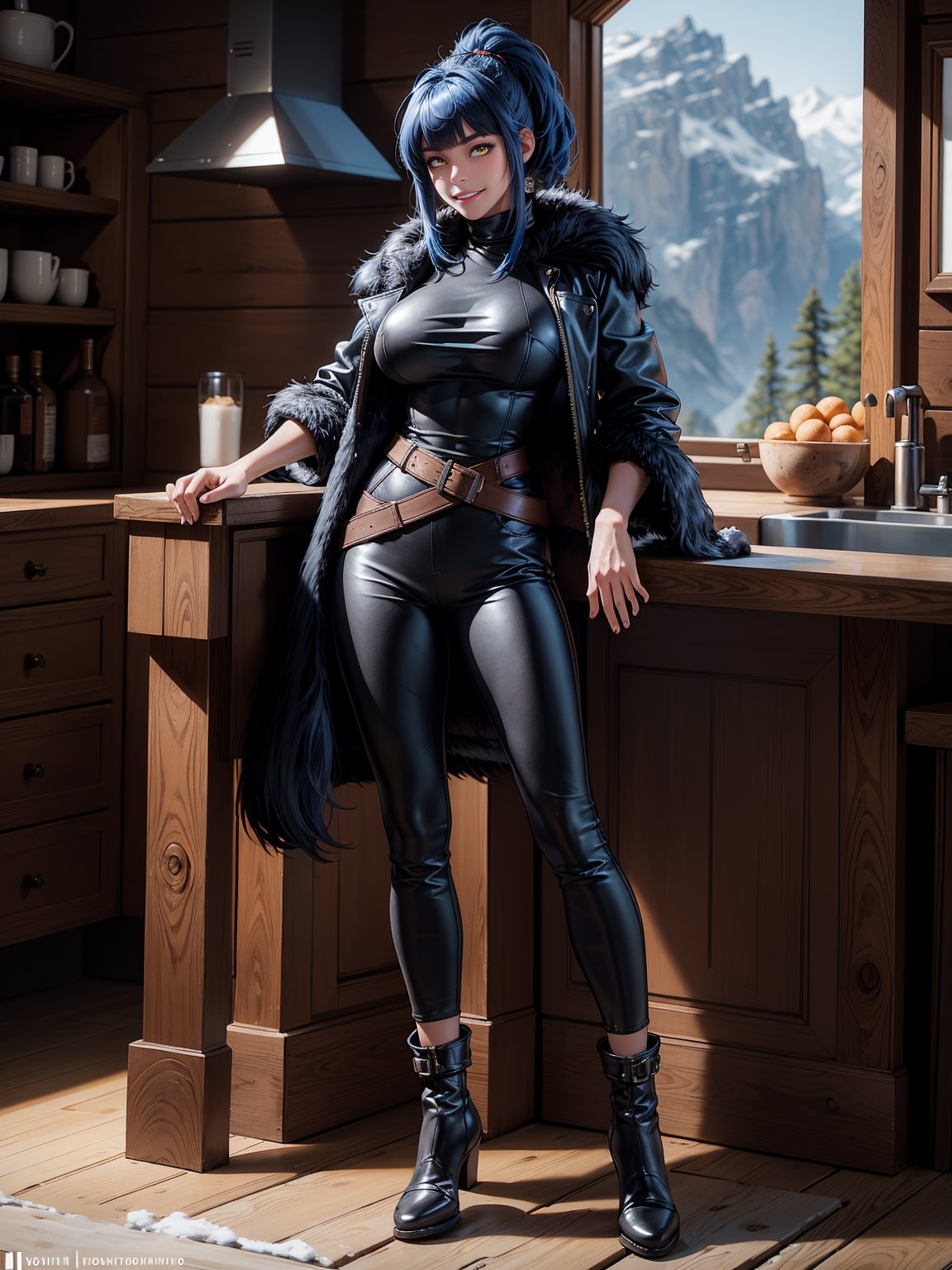 A woman, wearing a black bear fur coat, white T-shirt, black leather pants, brown leather boots, hood on her head, monstrously gigantic breasts, blue hair, short hair, hair with bangs in front of her eyes, hair with ponytail, looking at the viewer, ((((erotic pose interacting and leaning [on something in the environment|on an object]))), in a totally frozen cave with a house made of wood, with furniture, window, machines, cold wind, ((full body):1.5), 16k, UHD, best possible quality, ultra detailed, best possible resolution, Unreal Engine 5, professional photography, ((well-detailed fingers)), ((well-detailed hand)), ((perfect_hands))