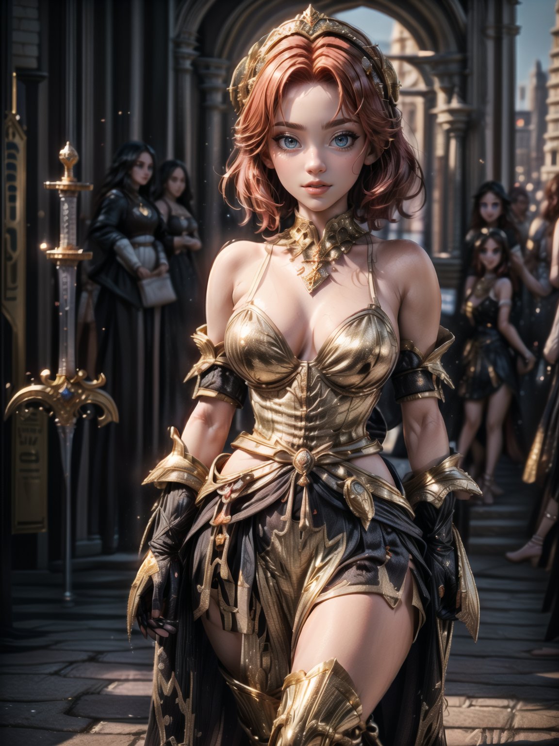 {((1woman))}, {only she is ((((black modern medieval armor with extremely small and tight gold parts on the body, medieval sword in the sheath fastened at the waist)), only elá has ((giant breasts)), (((very short red hair, red eyes, vampire fangs)), ((staring at the viewer, smiling, expression of desire)), ((pose)}, {((in city of King Arthur's time,  with multiple people, product sales fair))}, ((whole body):1.5), 16k, best quality, best resolution, best sharpness,
