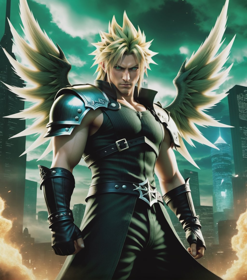 ((Masterpiece in 8K resolution, art style inspired by Final Fantasy 7, dramatic lighting and mystical atmosphere, detailed textures and an epic environment, suitable for PS3 game cover.)) | The game's cover features Cloud Strife in the center, standing, holding his Buster Sword in one hand, with magical flames glowing below. The background shows the futuristic city of Midgar, with tall buildings and Mako reactors lighting up the night sky. Final Fantasy 7 game logo and PS3 icons are positioned in a balanced way in the composition. | In the background, the iconic enemy Sephiroth appears subtly, with his sword Masamune and black wings spread, looking down with piercing green eyes. Magical and energetic effects create an air of imminent battle. | Dynamic composition with Cloud in a powerful, centralized pose, contrasting with Sephiroth's sinister appearance. The camera angle captures the determination in his eyes and the grandeur of the scene. | Dramatic lighting effects and deep shadows highlight the detailed textures of the characters and create an interesting contrast with the urban-fantasy environment. | An epic and emotional cover that represents the essence of Final Fantasy 7, with Cloud Strife as the central focus and the game's iconic elements, suitable for the PS3 version. | (((((full-body portrait))))), ((perfect_pose, perfect_anatomy, perfect_body)), ((perfect_fingers, perfect_hands, better_hands)), ((perfect_composition, perfect_design, perfect_layout, perfect_detail), (ultra_detailed, More Detail, Enhance))