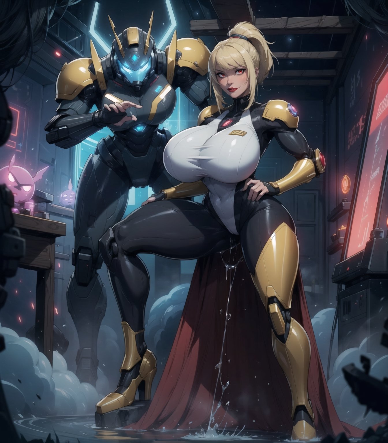 Masterpiece in maximum 16K resolution, inspired by the Super Metroid and Mecha styles, creating an epic and technological fusion. | In a futuristic and alien scene, the fearless 22-year-old woman, Samus Aran, shines wearing an imposing all-white mecha suit, with red parts and adorned with golden neon lights. Her long blonde hair, tied in a ponytail, adds a dynamic touch to the look, while her red_eyes stare directly at the viewer, conveying unwavering determination. | The Alien Dungeon reveals itself as a maze of wonders and dangers, with ancient structures that tell stories of past civilizations, mysterious altars that add a magical touch, and complex machines and advanced computers suggesting technologies beyond human understanding. Destroyed robots indicate epic battles fought in the past, leaving a trail of legends and challenges. | Pipes drip acidic liquid, creating a dangerous and unpredictable atmosphere, while an acid pond adds an element of risk to the environment, challenging any intruder. | The scene is composed with a engaging angle, highlighting Samus Aran in the center of the action, ready to explore and face the challenges of this Alien Dungeon. Cinematic lighting accentuates the details of the mecha suit, with its golden neon lights and red parts, creating a vibrant contrast with the alien environment. | The warrior woman embodies the fusion of the epic and the technological, representing courage in the face of the unknown. | {The camera is positioned very close to her, revealing her entire body as she adopts a sensual_pose, interacting with and leaning on a structure in the scene in an exciting way} | She is adopting a ((sensual_pose as interacts, boldly leaning on a structure, leaning back in an exciting way):1.3), ((perfect_pose)), ((perfect_pose):1.5), (((full body))), ((perfect_fingers, better_hands, hands, perfect_hands, perfect_legs)), ((perfect_fingers, perfect_hands, perfect_legs):0.7), gigantic_breasts, More_Detail