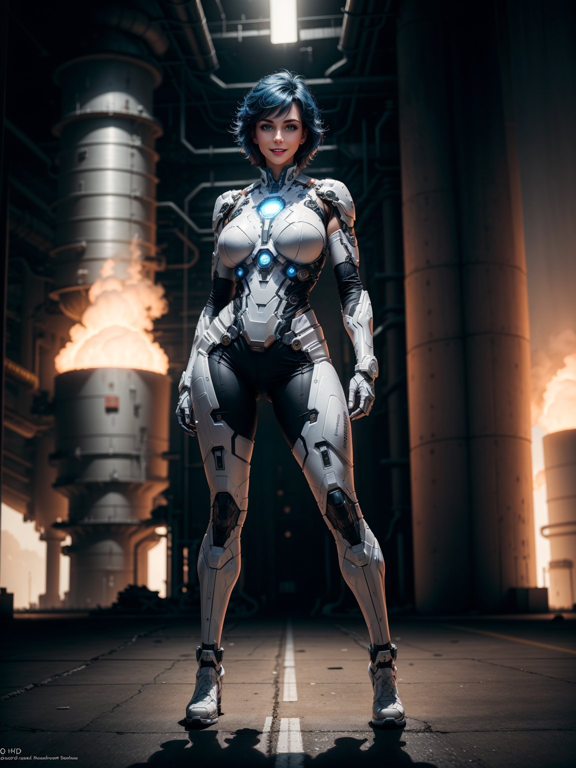 A woman, wearing white heroine costume + iron man costume, all black with white parts, tight and tight costume, monstrously giant breasts, blue hair, short hair, mohawk hair, looking at the viewer,(((pose interacting and leaning [on something|on an object]))), in a nuclear power plant with toxic waste leaking, machines, pollution in the whole environment,  is at night, many explosions, ((full body):1.5), 16k, UHD, best possible quality, ultra detailed, best possible resolution, Unreal Engine 5, professional photography, well-detailed fingers, well-detailed hand, perfect_hands