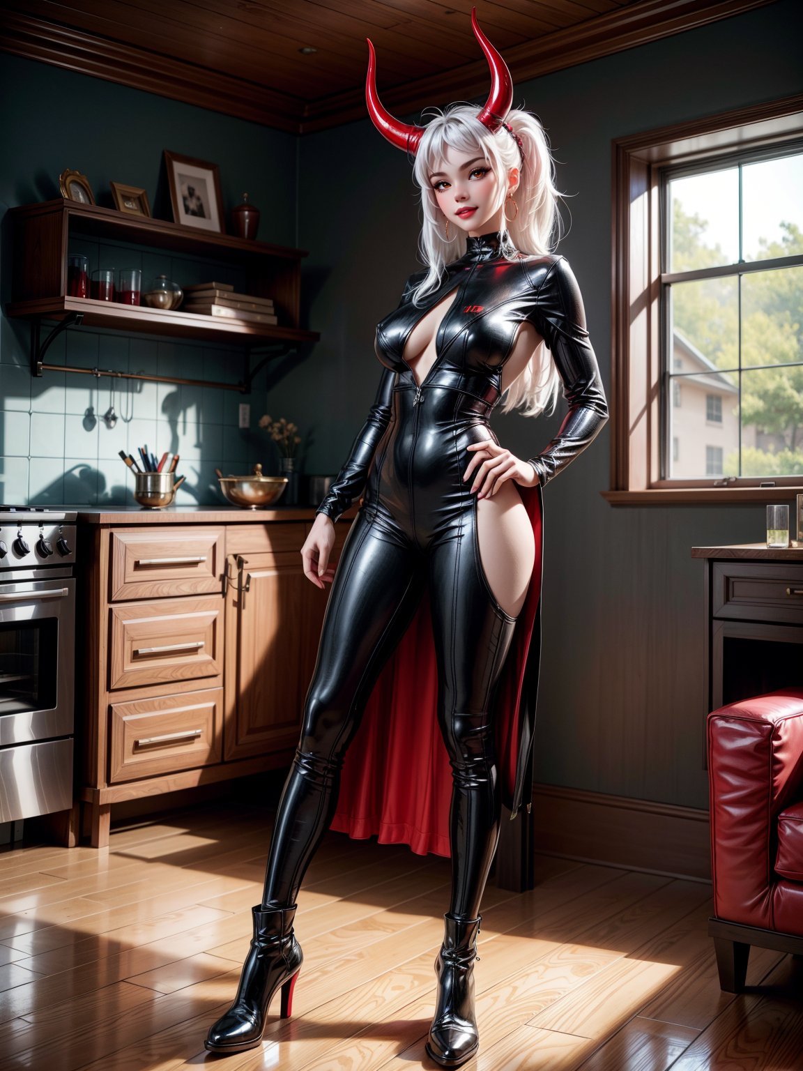 A woman, wearing black wick costume with red parts with red metallic armor, gigantic breasts, white hair, very short hair, hair stuck, horns on the head, bangs in front of the eyes, looking at the viewer, (((erotic pose interacting and leaning on a piece of furniture))), in an old house all destroyed and dirty, with furniture, with household appliance,  with window showing the whole city destroyed, ((full body):1.5). 16k, UHD, best possible quality, ((best possible detail):1), best possible resolution, Unreal Engine 5, professional photography, perfect_hands