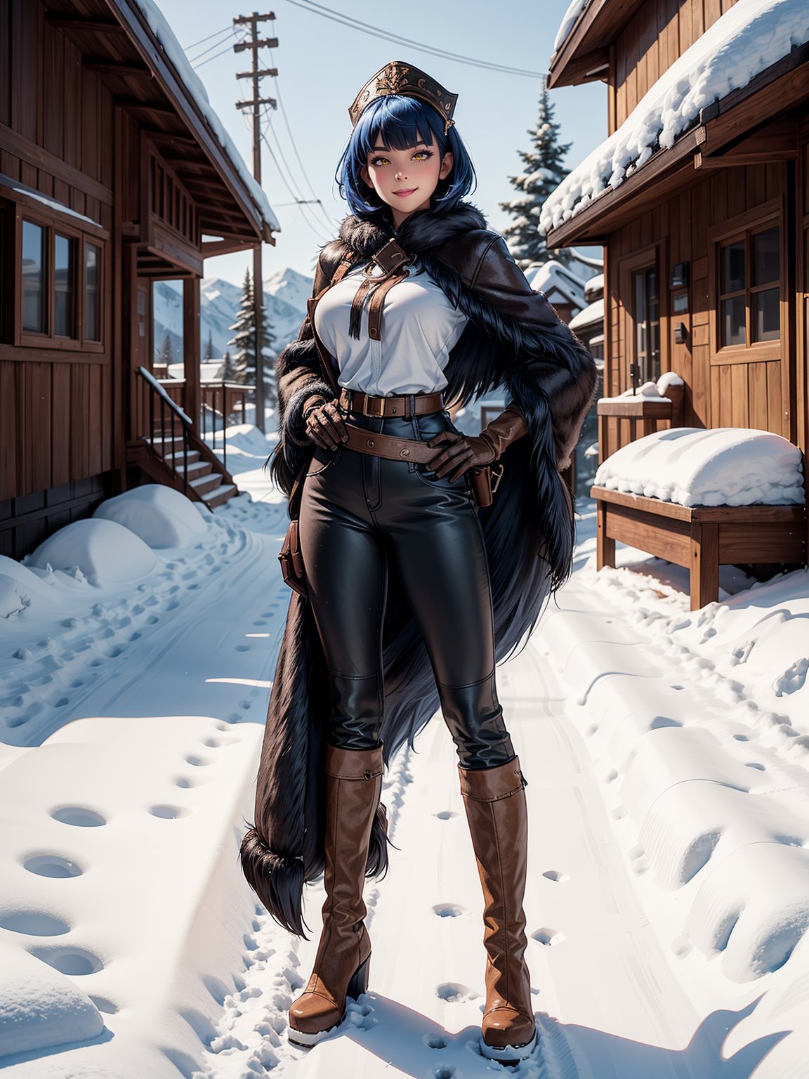 A hunting woman, wearing a wolf's fur coat, white T-shirt, long black pants, brown leather boots, monstrously gigantic breasts, blue hair, short hair, hair with bangs in front of her eyes, looking at the viewer, hood on her head, (((erotic pose interacting and leaning [on something in the environment|on an object]))), in front of the entrance of a house all made of wood, with snow vehicle, machines, tools, mountain bottom with lots of snow, snowing hard, ((full body):1.5), 16k, UHD, best possible quality, ultra detailed, best possible resolution, Unreal Engine 5, professional photography, ((well-detailed fingers)),  ((well-detailed hand)), ((perfect_hands))