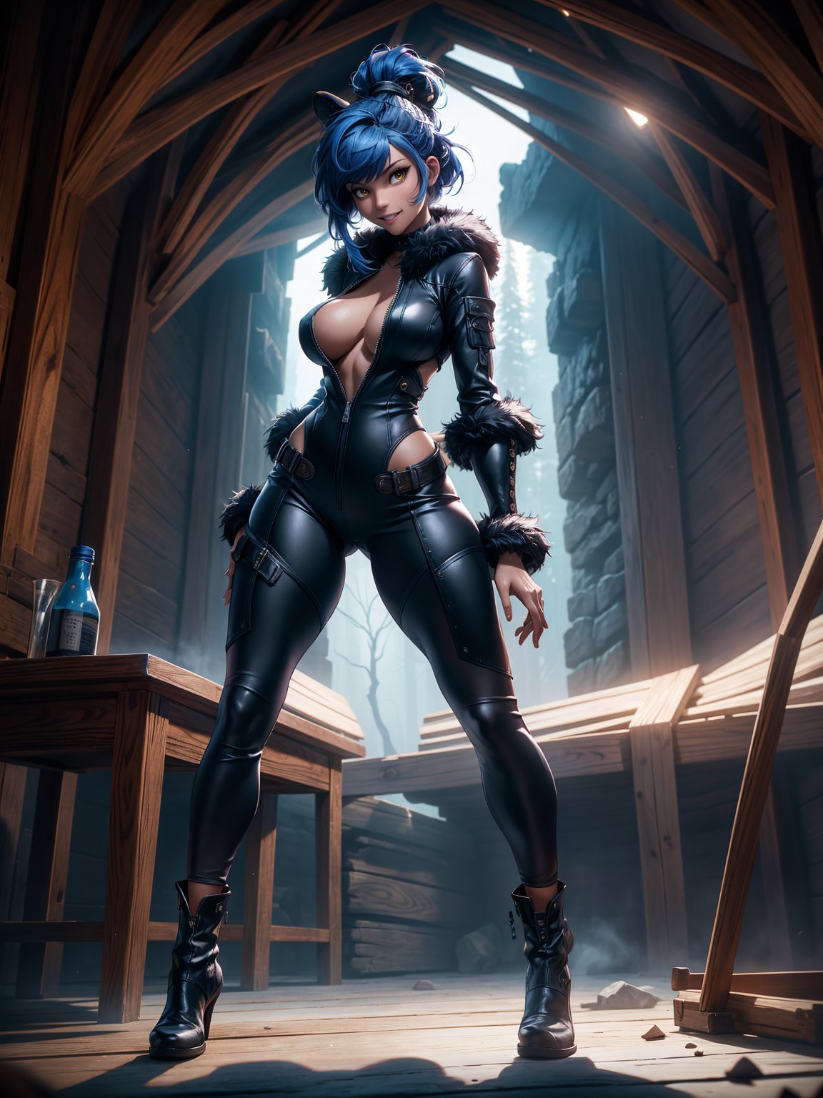 A woman, wearing a black bear fur coat, white T-shirt, black leather pants, brown leather boots, hood on her head, monstrously gigantic breasts, blue hair, short hair, hair with bangs in front of her eyes, hair with ponytail, looking at the viewer, ((((erotic pose interacting and leaning [on something in the environment|on an object]))), in a totally frozen cave with a house made of wood, with furniture, window, machines, cold wind, ((full body):1.5), 16k, UHD, best possible quality, ultra detailed, best possible resolution, Unreal Engine 5, professional photography, ((well-detailed fingers):1), ((well-detailed hand):1), ((perfect_hands):1)