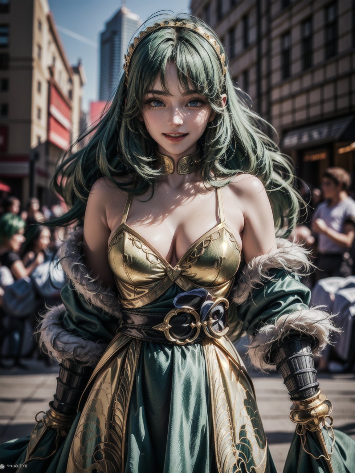 {((1woman))}, {only she is (((black modern medieval armor with small golden parts extremely small and tight on the body, medieval sword in the sheath fastened at the waist)), only she has ((giant breasts)), (((very short green hair, blue eyes)), ((staring at the viewer, smiling, expression of desire)), ((fighting pose)}, {((in city of King Arthur's time, with multiple people,  product sales fair))}, ((whole body):1.5), 16k, best quality, best resolution, best sharpness,