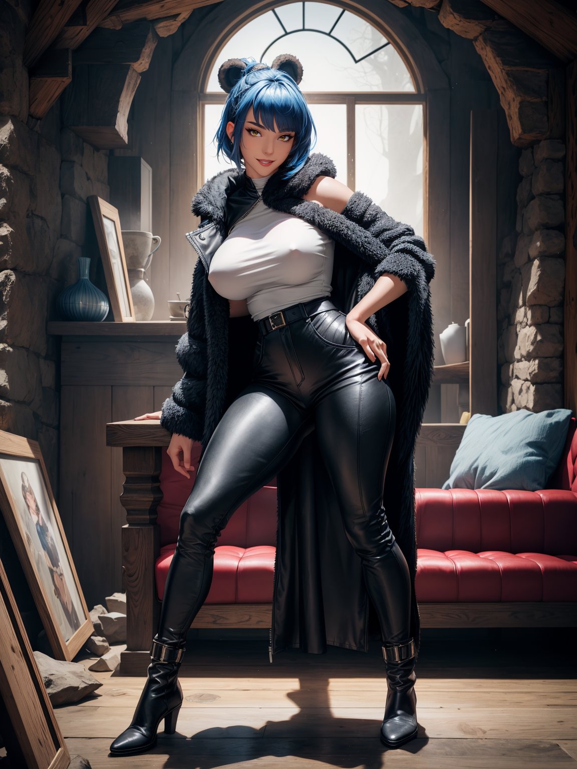 A woman, wearing a black bear fur coat, white T-shirt, black leather pants, brown leather boots, hood on her head, monstrously gigantic breasts, blue hair, short hair, hair with bangs in front of her eyes, hair with ponytail, looking at the viewer, ((((erotic pose interacting and leaning [on something in the environment|on an object]))), in a totally frozen cave with a house made of wood, with furniture, window, machines, cold wind, ((full body):1.5), 16k, UHD, best possible quality, ultra detailed, best possible resolution, Unreal Engine 5, professional photography, ((well-detailed fingers)), ((well-detailed hand)), ((perfect_hands))