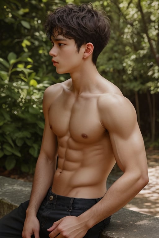 1boy,male focus,topless male,looking at viewer,outdoors,beautiful lighting,deep shadow,best quality,masterpiece,ultra highres,photorealistic,,